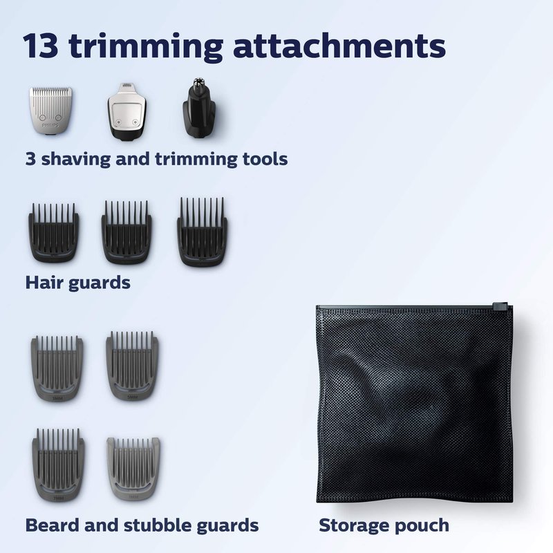 Philips Norelco Multi Groomer - 13 piece Mens Grooming Kit for beard, face, nose, and ear hair trimmer and hair clipper - NO BLADE OIL NEEDED, MG3750/60