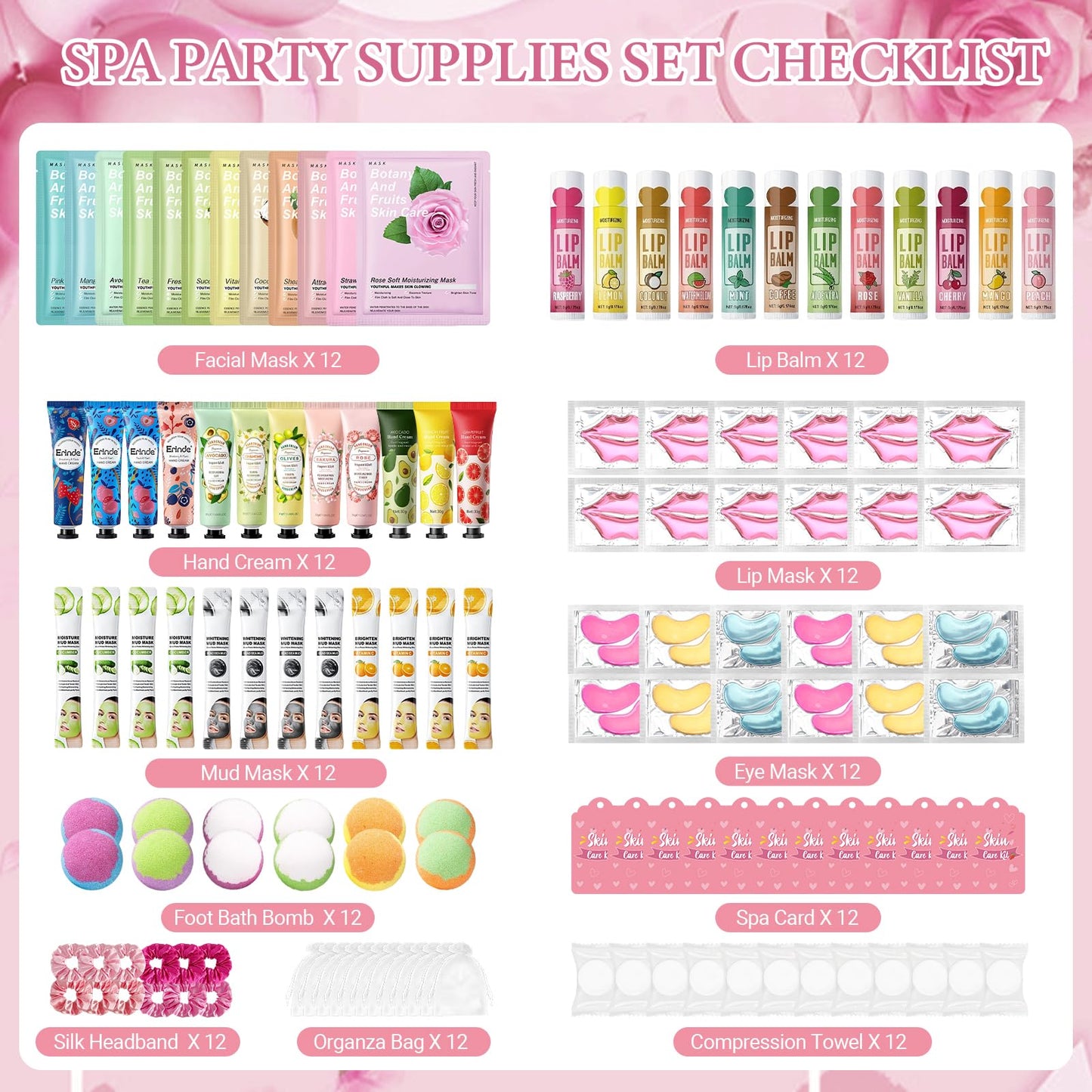 132 PCS Spa Party Supplies for Women, Spa Party Favors Include Face Masks Skincare, Hand Cream, Lip Balm, Under Eye Patches, Lip Mask, Foot Bath Bombs & Mud Mask, Spa Birthday Sleepover Party Supplies