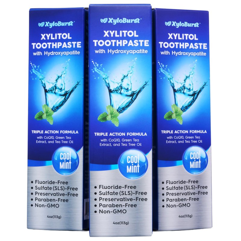 XyloBurst Hydroxyapatite Toothpaste with Xylitol - Fluoride-Free Hydroxyapatite Toothpaste, SLS-Free, Paraben Free, Cruelty Free, Made in the USA, Cool Mint, 4 oz Tube (3 Tubes)