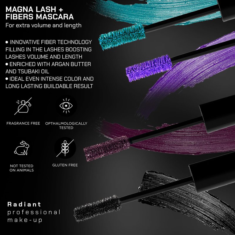 Radiant Professional Fiber Mascara Volume and Length, Non-Clumping, No Flaking, Defining & Curling, Lash lengthening Mascara, Triple Action Brush, Argan & Tsubaki Oil, 0.44 fl oz (01 Black)