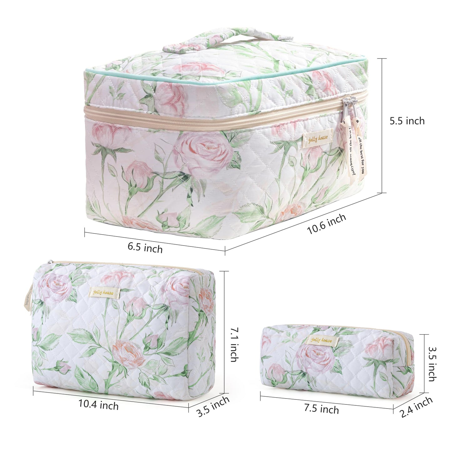 HBselect Quilted Makeup Bag, 3PCS Cotton Large Travel Makeup Bag, Cute Floral Coquette Make up Bag Cosmetic Bag Toiletry Bag for Women Girls