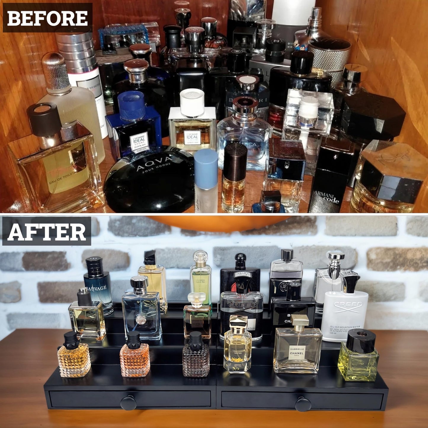 SeLuM Wooden Cologne Organizer for Men 3 Tier | Black Perfume Holder Shelf for Dresser | High Grade Velvet Lining and Stylish Gift Box | Uncluttered Design Perfume Display Stand