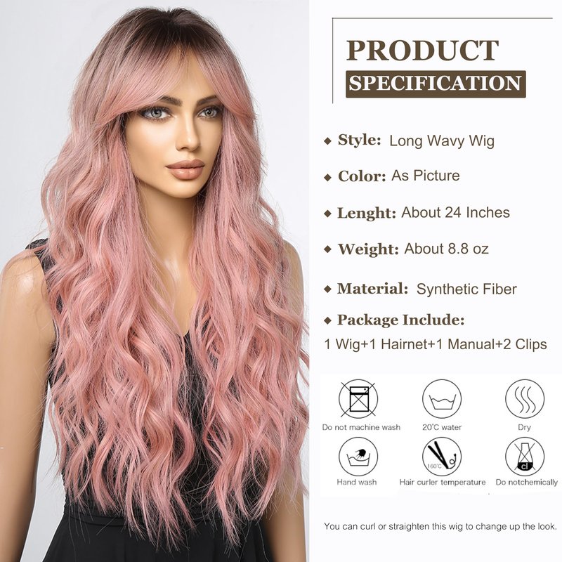 Esmee Long Wavy Pale Pink Wigs for Women Natuaral Synthetic Hair Heat Resistant Ombre Wig for Daily Party Cosplay Use