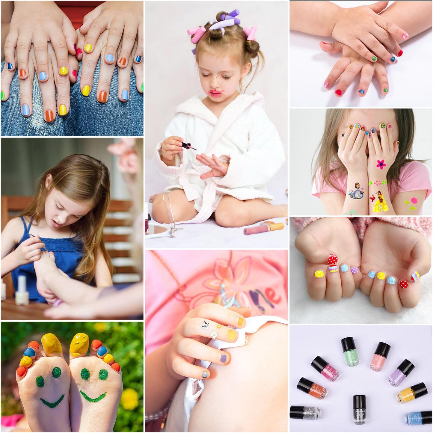 Quick Dry Kids Nail Polish Set for Girls, Non-Toxic Toddler Water-Based Nail Polish Kit with Gems Stickers 9 Colors Peelable Fingernail Set for Ages 3+