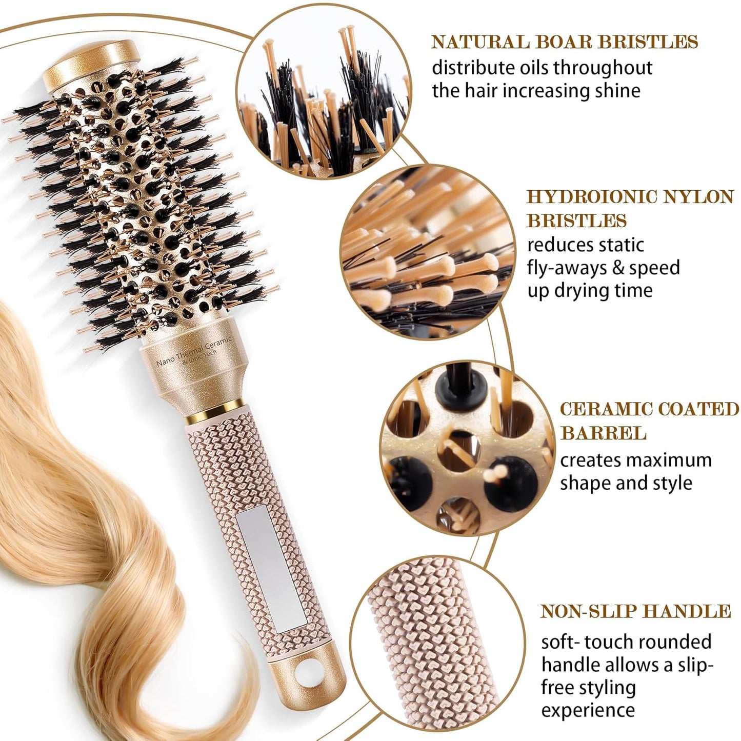 SIMPOR Round Hair Brush - Nano Thermal Ceramic & Ionic Tech | 1.3 Inch Gold Boar Bristles for Blow Drying & Styling