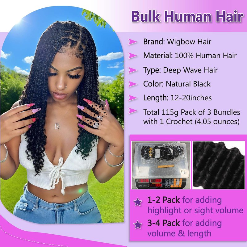 Human Braiding Hair for Boho Braids 110g 16 Inch Deep Water Wave Curly Bulk 100% Human Hair Curly Deep Wave Bundles for Braiding Knotless, Wet and Wavy Crochet Hair Extensions Bohemian Micro Braiding