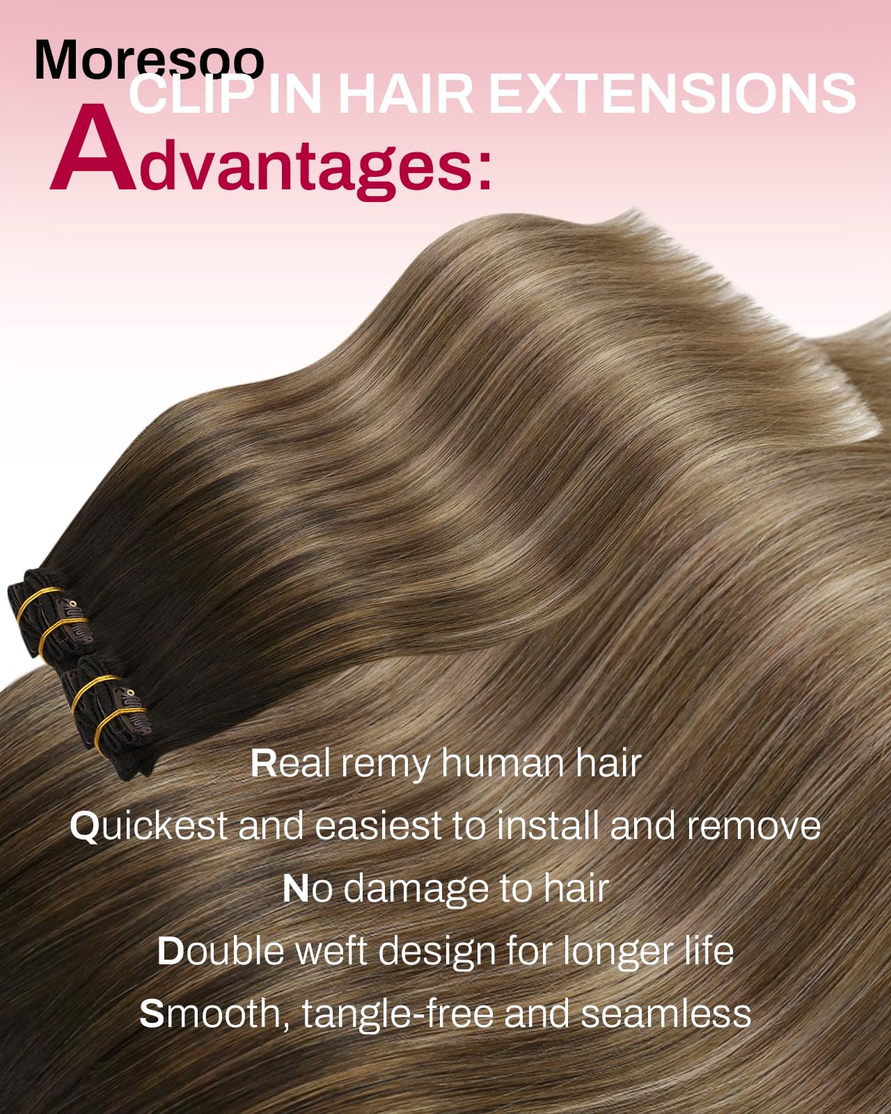 Moresoo Clip in Hair Extensions Ombre Dark Brown to Dark Ash Blonde with Blonde Balayage Hair Extensions Clip in Human Hair Double Weft 5pcs/80g 16inch