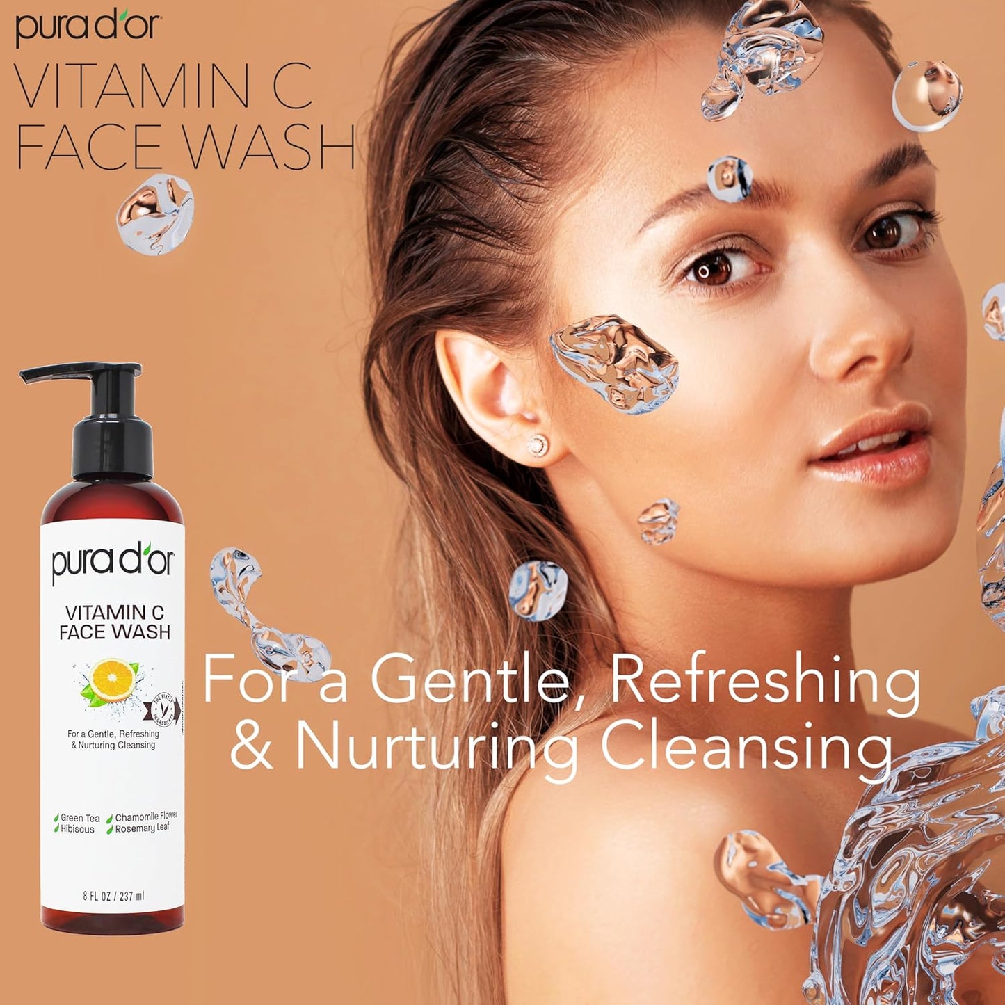 PURA D'OR Vitamin C Face Wash - Antioxidant-Rich Cleanser for Radiant Glow | 24oz (8oz x3)
