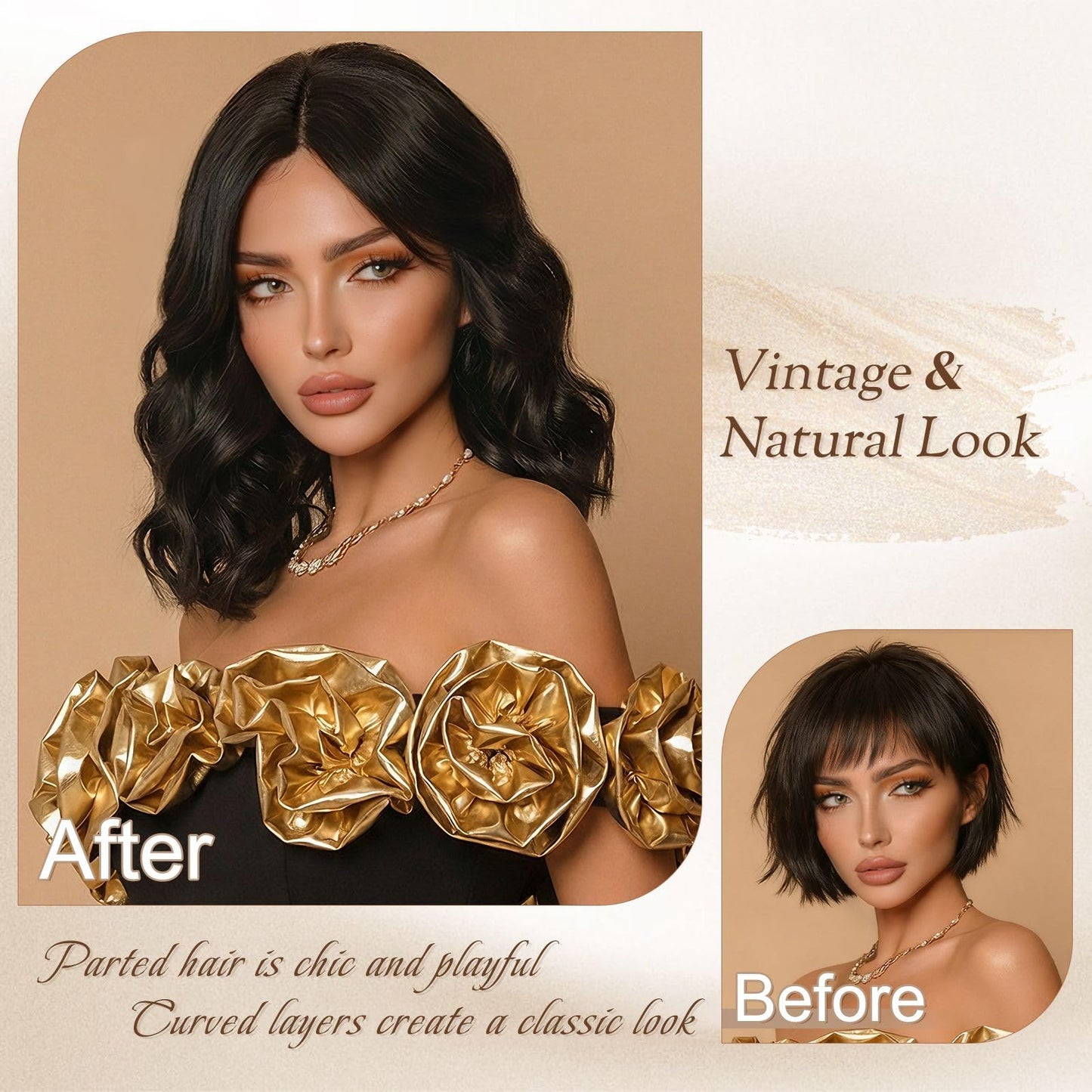 Sidaila Wigs for Women，Synthetic Lace Hairline Heat Resistant Body Wave Wig，14 Inch Shoulder Length Bob Style Wig Layered Natural Curly Hair Wigs for Women for Daily Party Use - 1B# Black