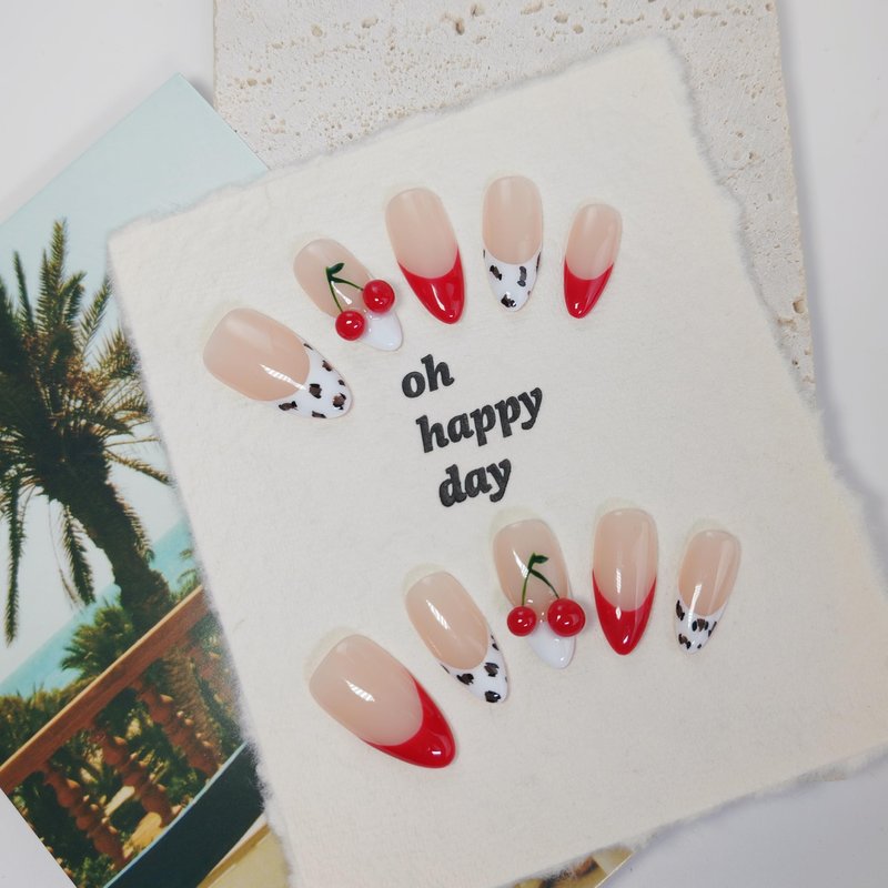 Almond Press on Nails Handmade Medium Long/Stiletto 3D Flower Fake Nail with Designs, Women Reusable False Nails (Cherry Leopard French, M)