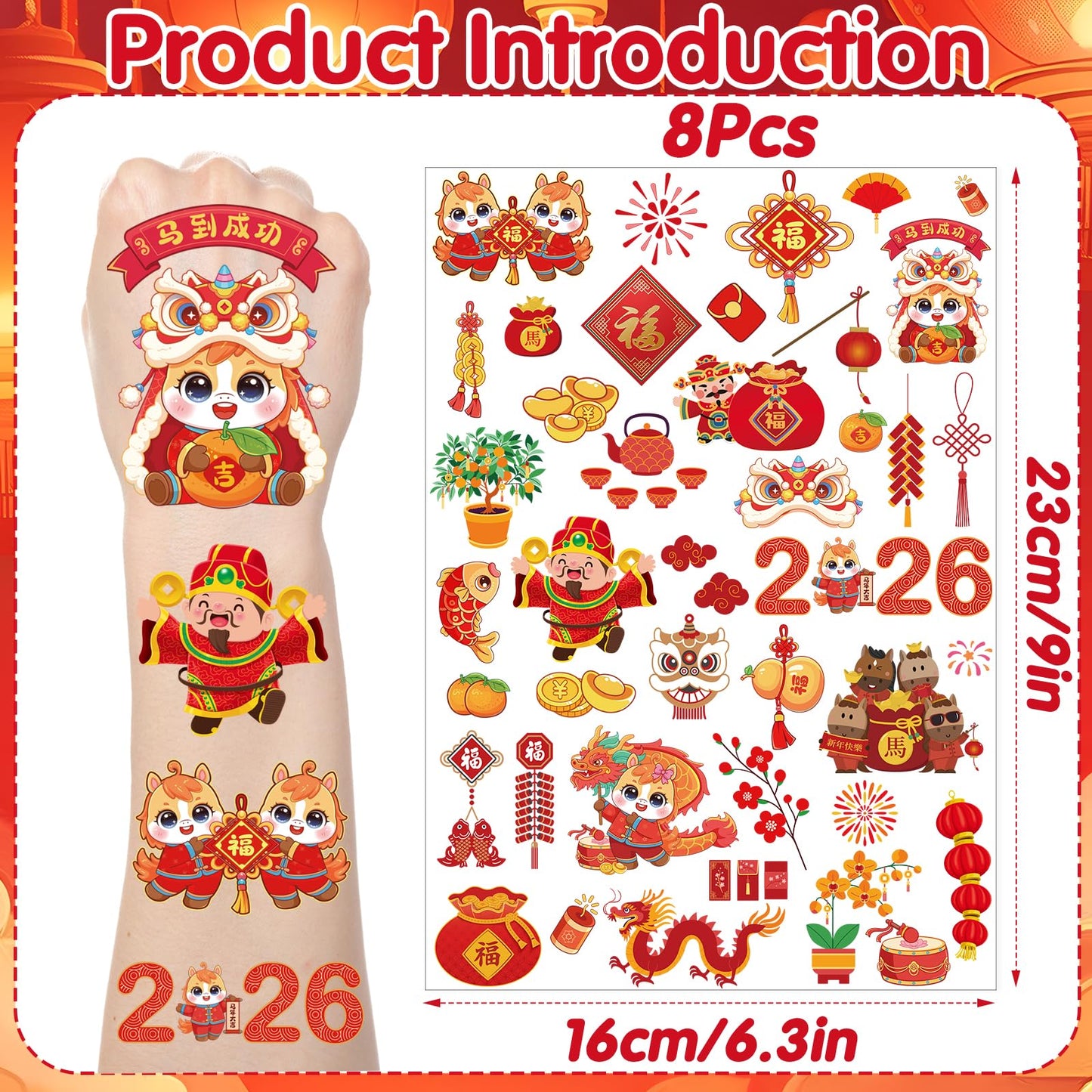 Yoyuspy Chinese New Year Temporary Tattoos, 200+ Chinese New Year Decorations Favors Supplies 2026, Horse Lunar New Year Tattoo Stickers Gifts, Red Envolopes Holiday Festival Supplies Rewards Prizes