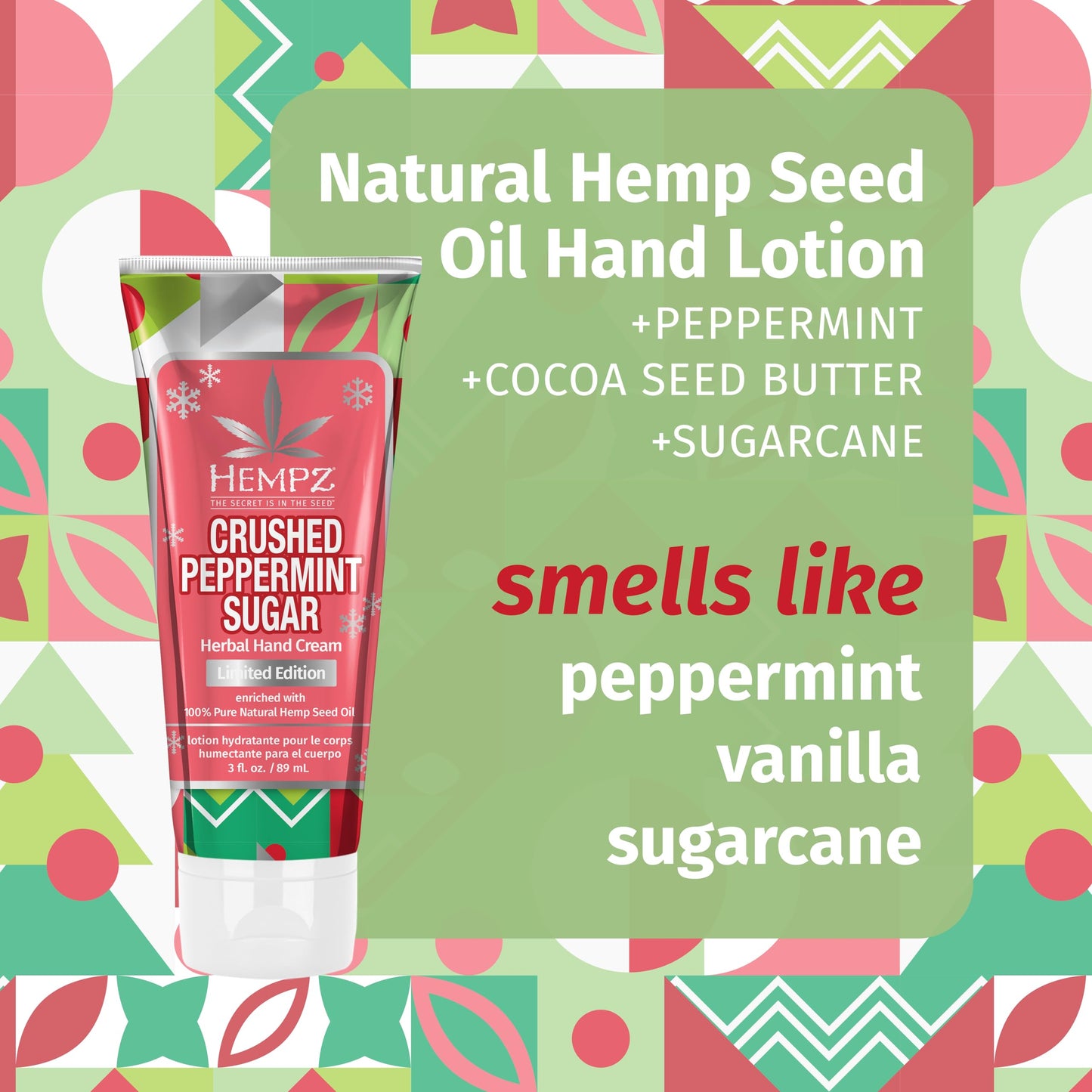 Hempz Crushed Peppermint Sugar Hydrating Hand Cream, Travel Size, Holiday Gift for Men and Women, 3 oz (Pack of 2)