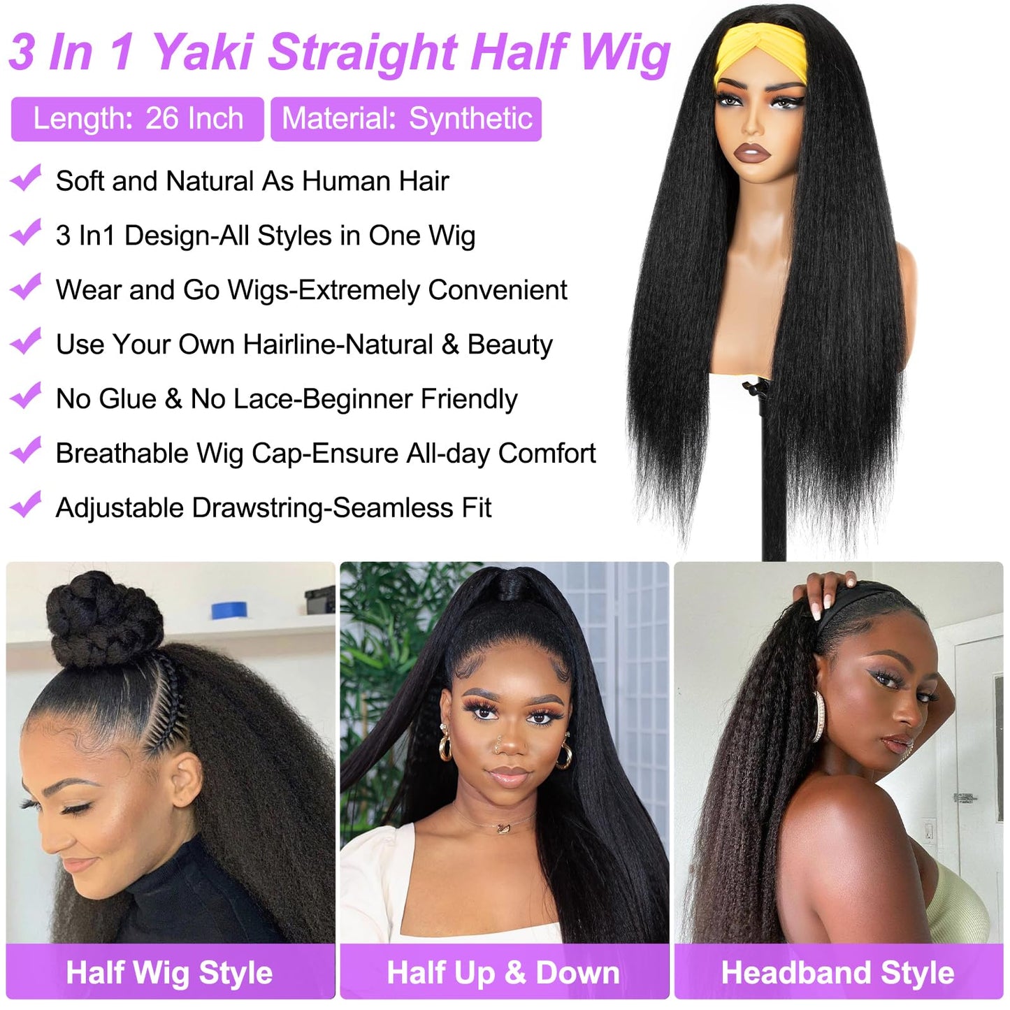 COOKOO Yaki Straight Half Wig Synthetic Hair 3 In 1 Beginner Friendly No Lace Flip Over Half Wigs Drawstring Ponytail Wig Natural Black Glueless Kinky Straight Half Wigs for Women 26 Inch