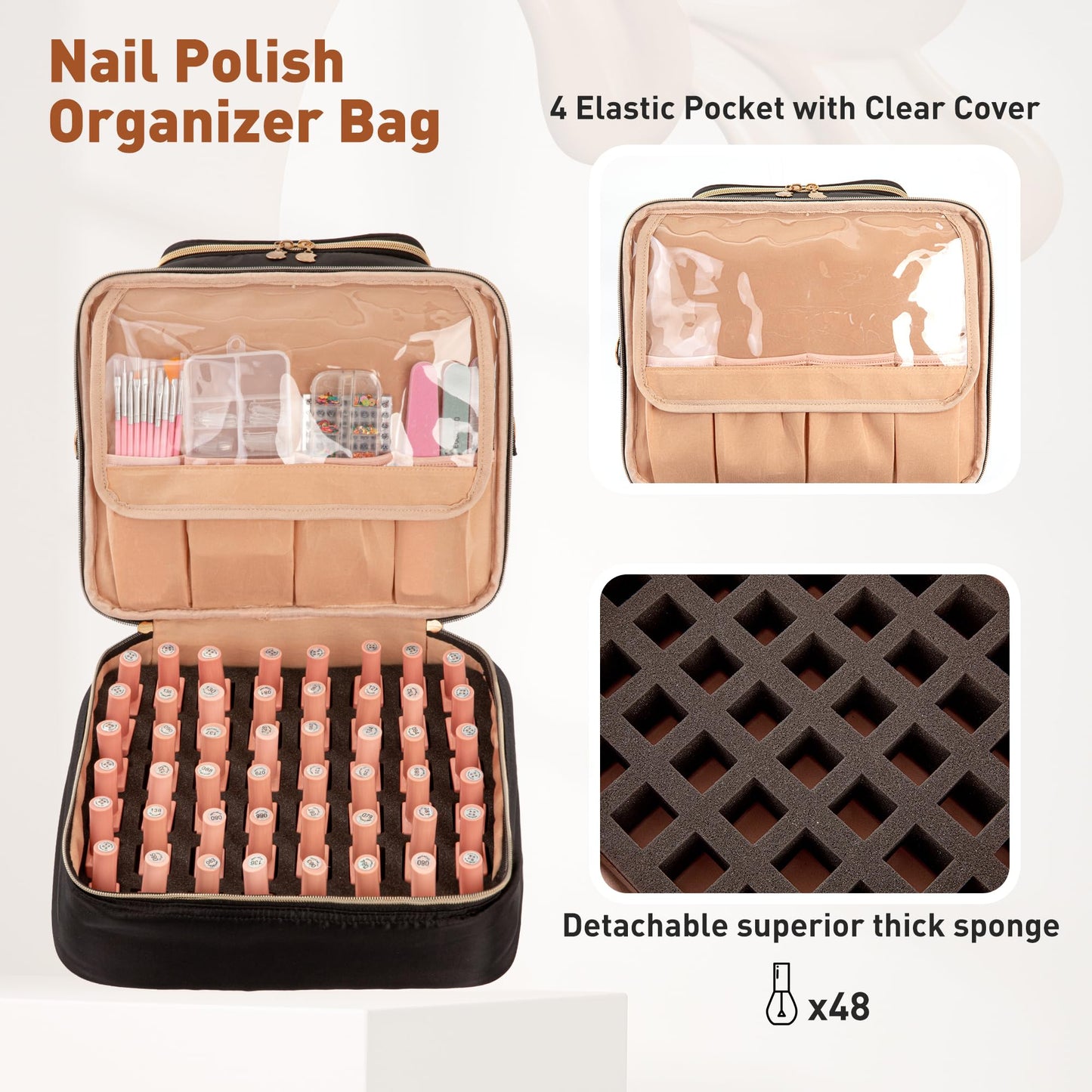 Nail Polish Organizer Bag, Nail Polish Storage Organizer Holds 60 Bottles & Nail Lamp Nail Polish Holder Travel Carrying Case Case Gel Nail Tech Organizer Storage Bag for Nail Supplies (Black)