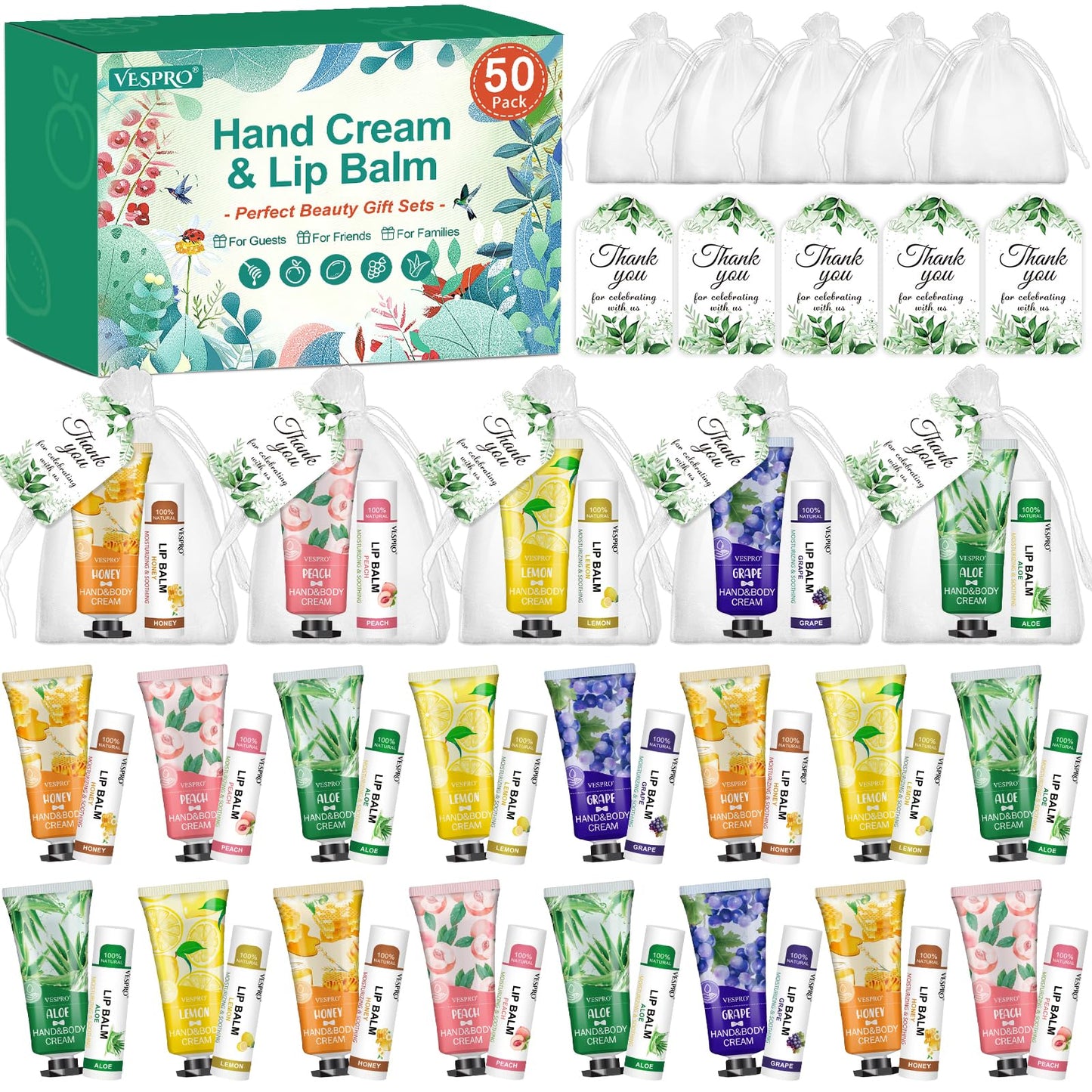 VESPRO 50 Sets Hand Cream Bulk and Lip Balm Bulk Gifts, Mothers Day Gifts and Wedding Shower Favors for Guests with Thank You Card and Organza Gift Bags, Teacher Gift and Nurse Gift
