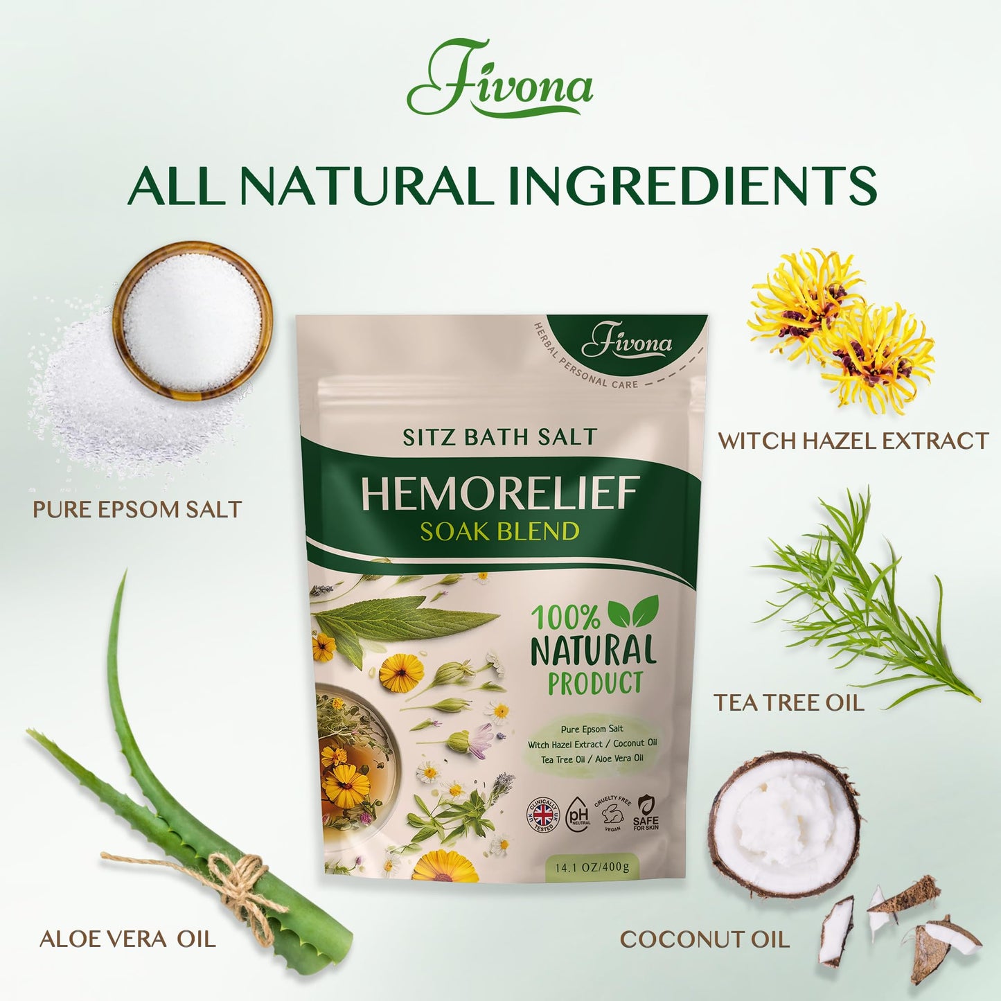 Fivona 2-in-1 Sitz Bath Soak Kit Over The Toilet Seat with Epsom Salt Blend with Essential Oils for Hemorrhoids and Postpartum Care Ideal for Perineal Soaking and Fast Irritation Relief