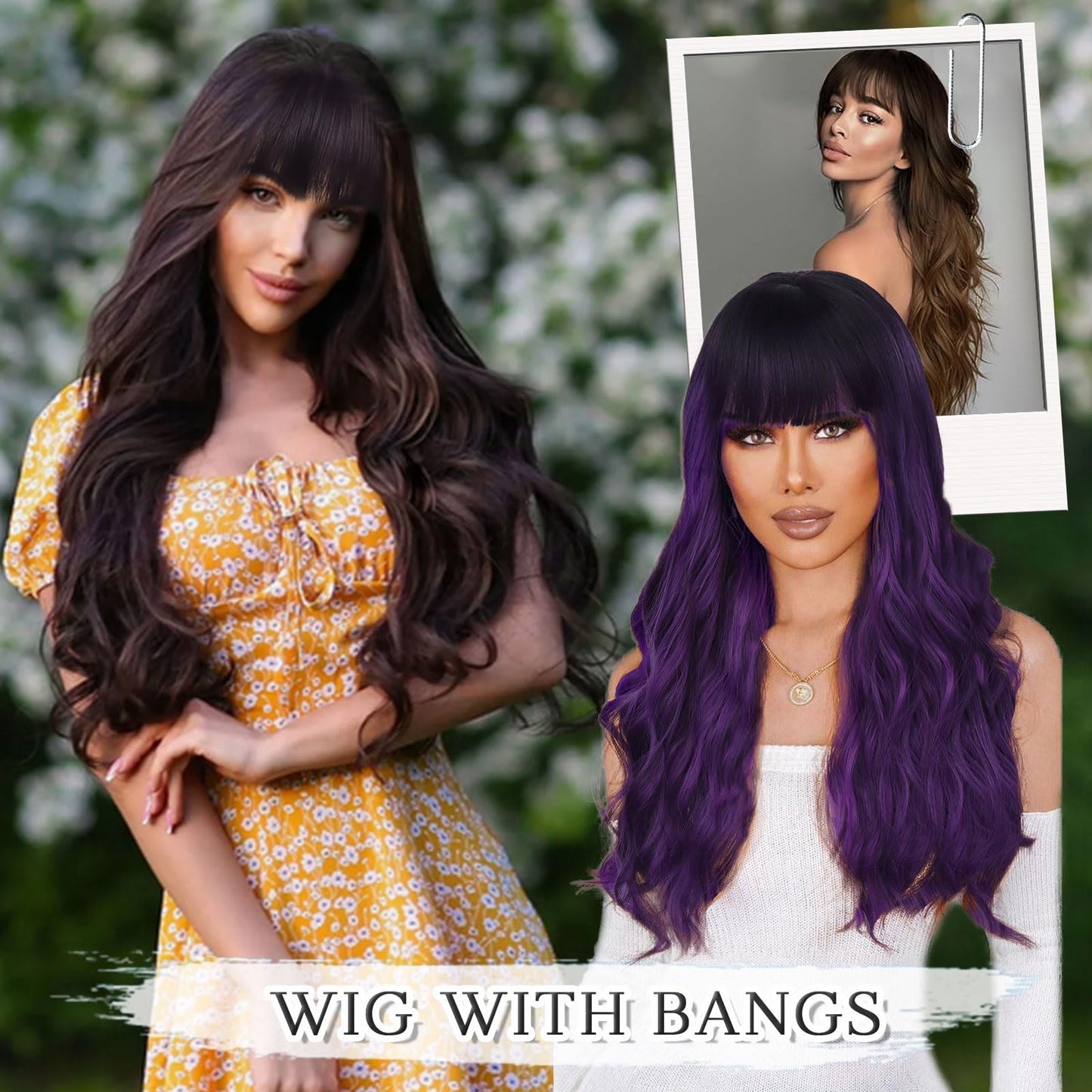 Wallden Hair Purple Wigs with Bangs Long Curly Wavy Women's Wig Ombre Heat Resistant Synthetic Bangs Wig for Daily Party Use(Ombre Purple, 26 Inches)