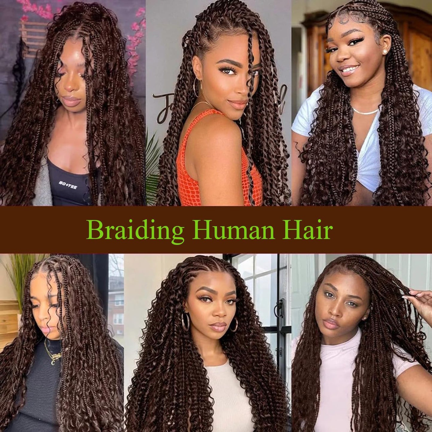 #4 Braiding Hair Deep Wave Bulk Chocolate Brown Boho Braids Human Hair for Braiding 2 Pcs Total 100g 18 Inch Chocolate Brown Color #4 Bulk Bundles Brazilian Virgin