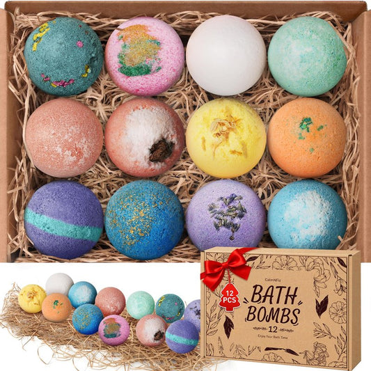 CalmNfiz Bath Bombs for Women, 12 PCS Bath Set, Natural Bubble Bathbombs with Shea Butter, Dry Skin Moisturizing, Present for Christmas, Birthday, Valentine’s Day for Mom, Wife, Her, Girls