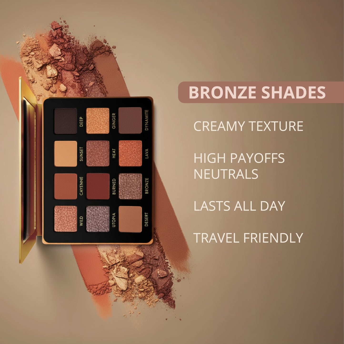 Lamora Bronze Eyeshadow Palette - 12 Soft Warm Brown Shadows, Multi-Use Eye Makeup Palette with Matte & Shimmer Finishes, Ultra-Blendable Everyday Neutrals, Long-lasting Wear Travel Makeup with Mirror
