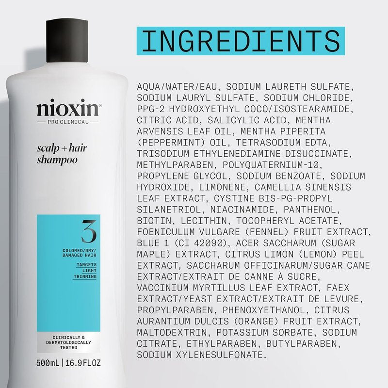 Nioxin System 3 Hair Thickening Shampoo - Nourish Colored & Damaged Hair | Strengthen with Niacinamide & Biotin | 10.1 Fl Oz