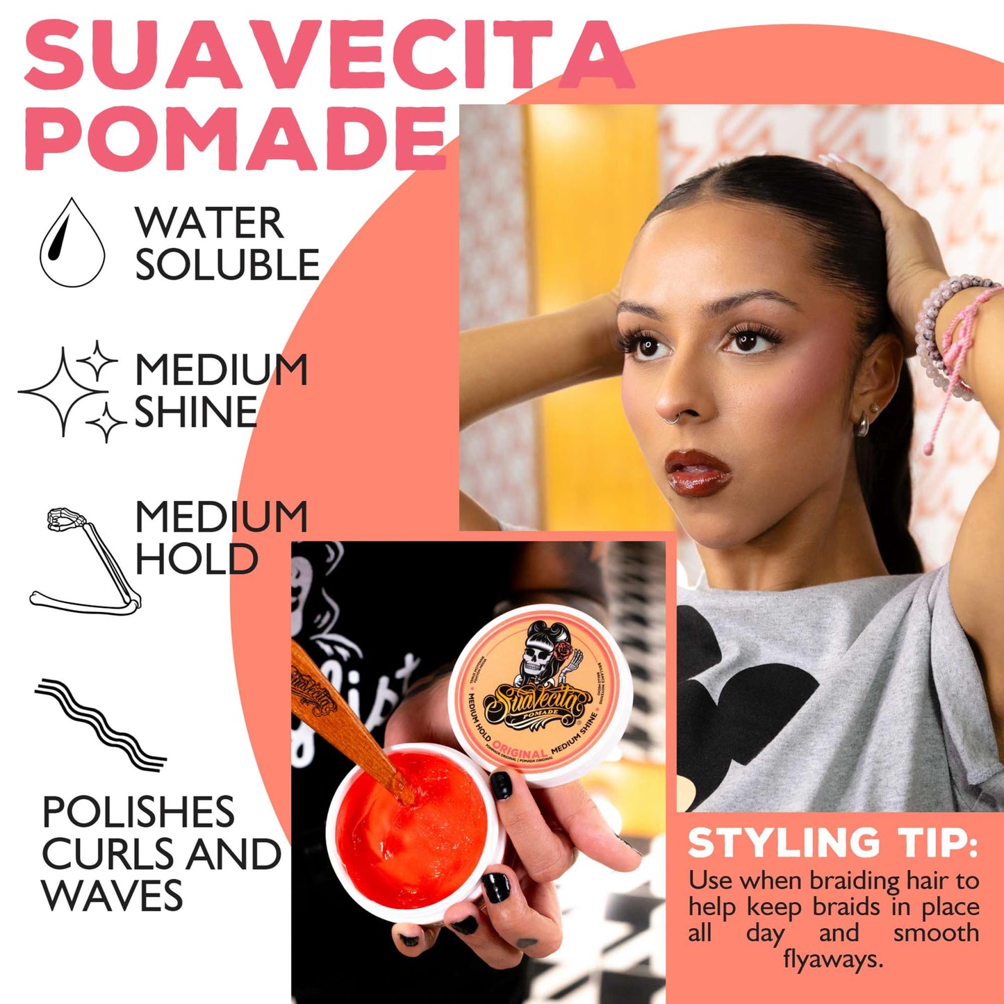 Suavecita Pomade for Women 2.3 oz Can - Medium Hold, High Shine, Water Based, Wax Like Flake Free - All Day Hair Free Gel Hairstyles Easy to Wash Off