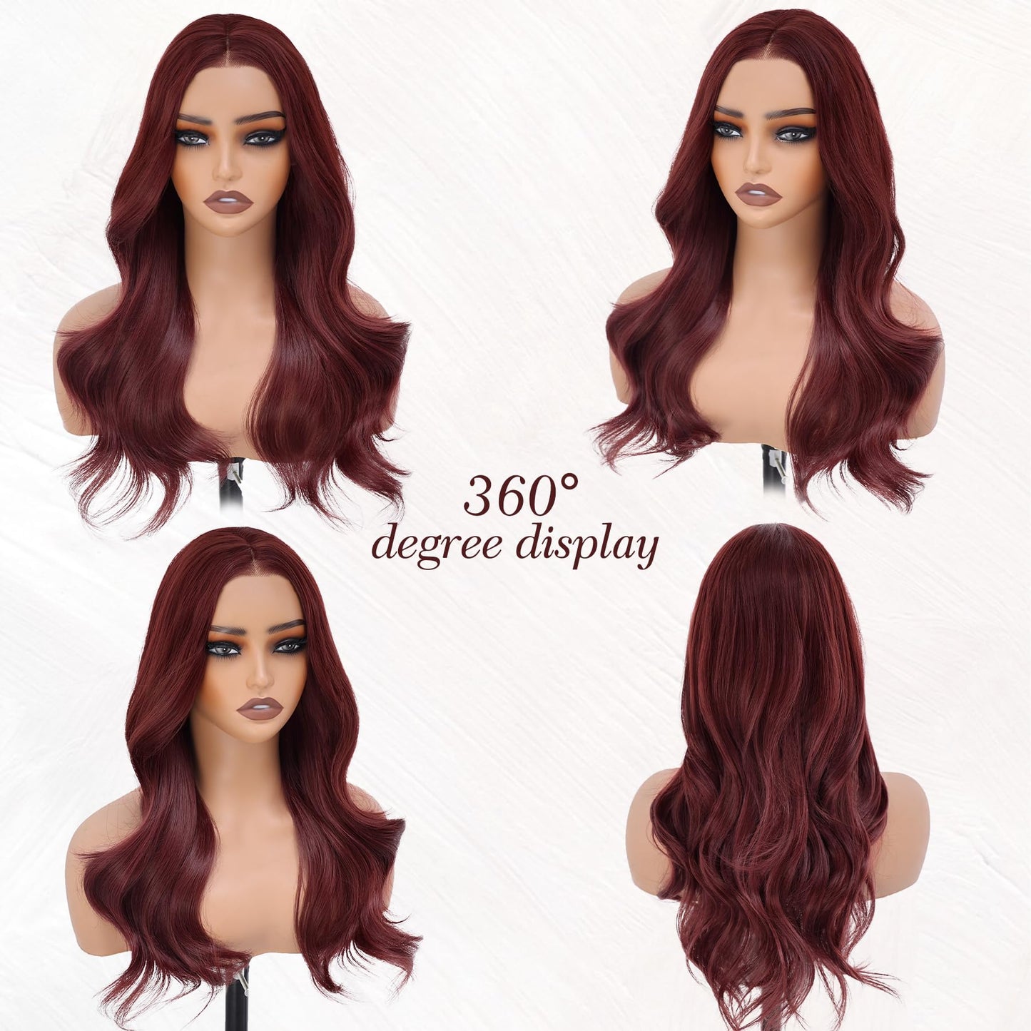WECAN Wine Red-Synthetic Lace Front Wig Glueless Wig 13X4 Pre Plucked Pre Cut Wavy Wig
