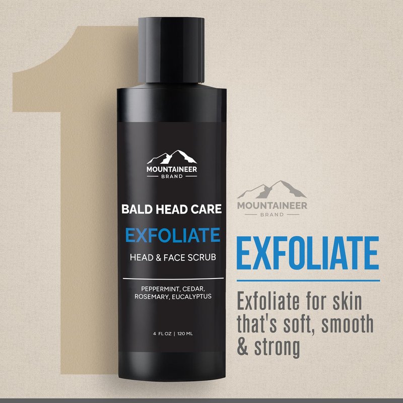 Mountaineer Brand Bald Head Care Gifts For Bald Men | All Natural 3 Step Daily Skin Care for Healthy Scalp & Face | Exfoliate Scrub | Cleanse Wash | Shine Away PH Balance