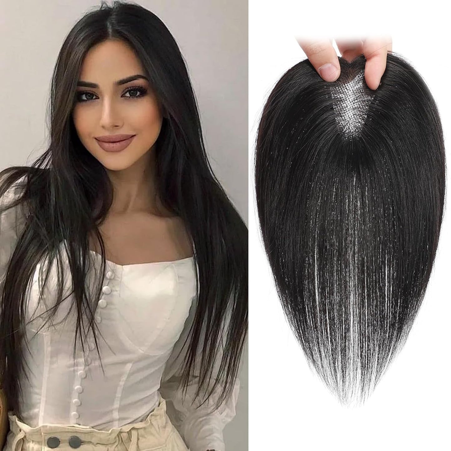 Black Hair Toppers for Women - Real Human Hair 3D Design | No Bangs, 10 Inch for Thinning Hair