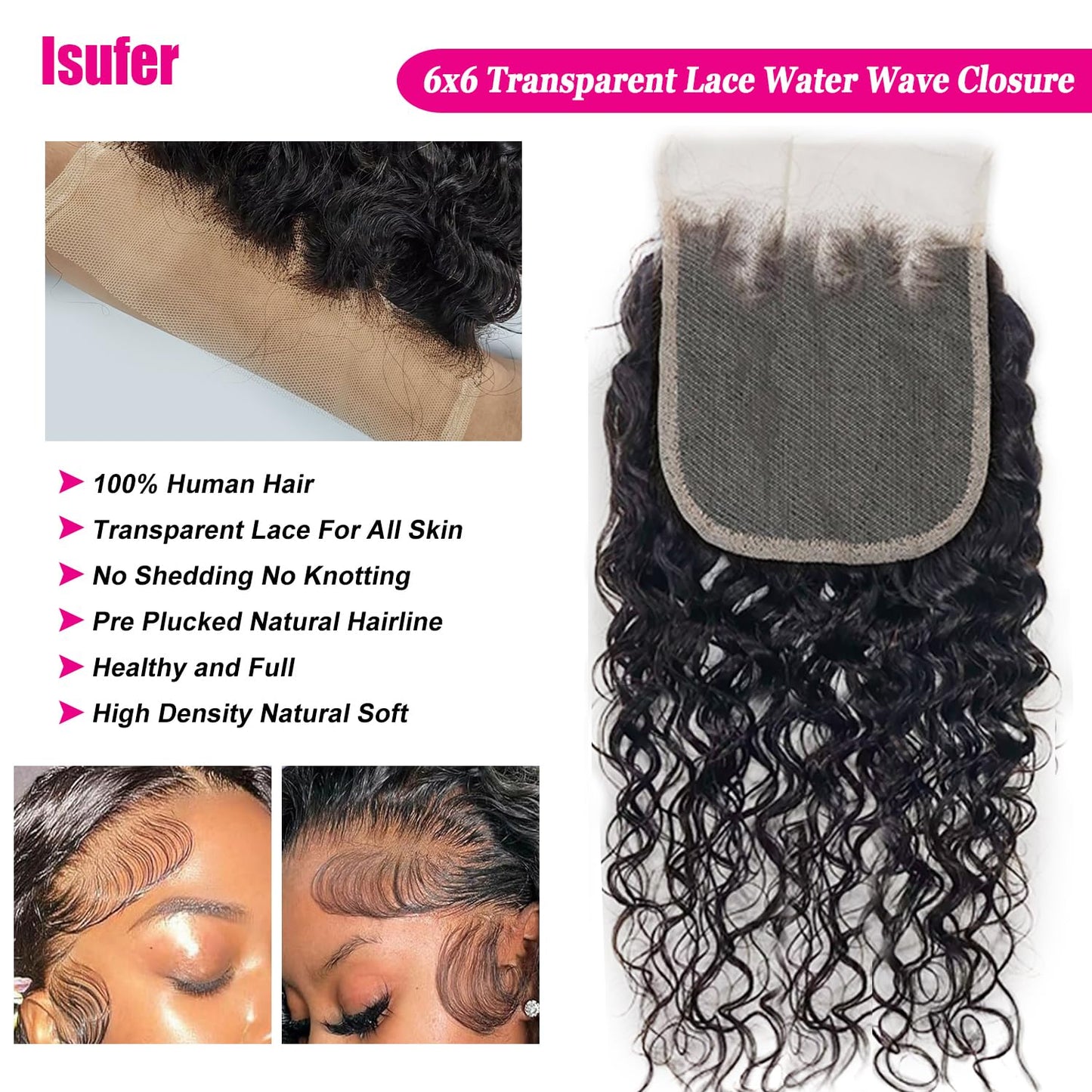 Water Wave 6x6 HD Transparent Lace Closure - 10 Inch Pre-Plucked Natural Hairline with Baby Hair | High Density Brazilian Virgin Human Hair