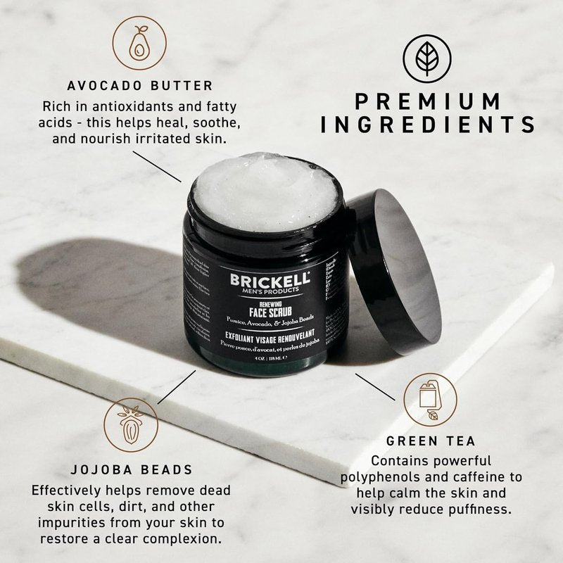 Brickell Men's Renewing Face Scrub - Deep Exfoliating Facial Scrub with Pumice, Caffeine & Jojoba Beads | 4 Ounce
