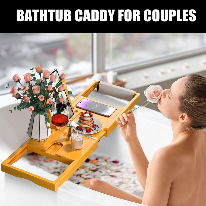 Premium Bathtub Caddy Tray,Expandable Bamboo Bath Tray for Tub,Foldable Minimalist Bathroom Accessories with Book Stand for Home Spa Relaxing,Unique House Warming Gifts,Natural