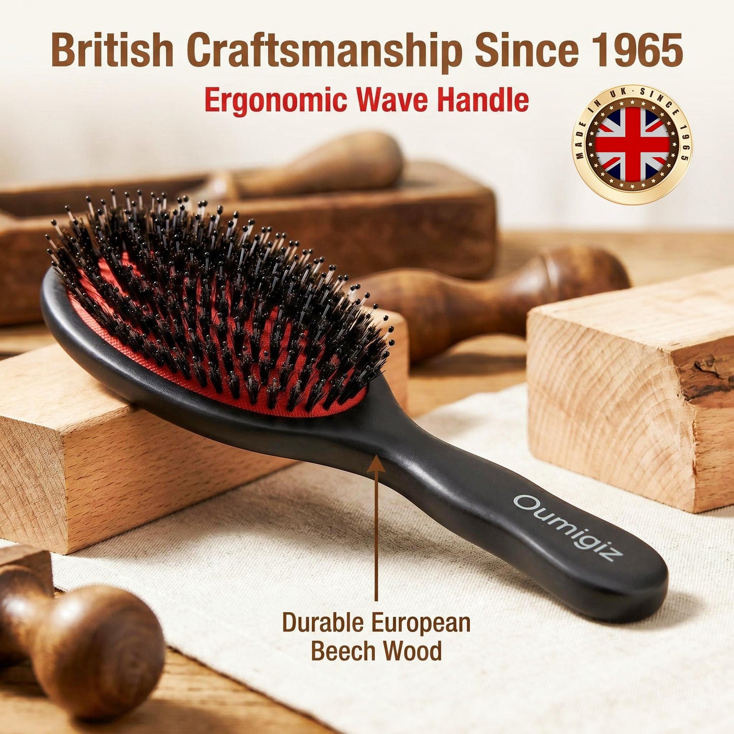 OUMIGIZ Boar Bristle Hair Brush Since 1965 British Craftsmanship, Handmade Natural Wood Slick Back Hairbrush, Gentle Detangling Smoothing Women Men Kids Curly Thick, Fine Hair