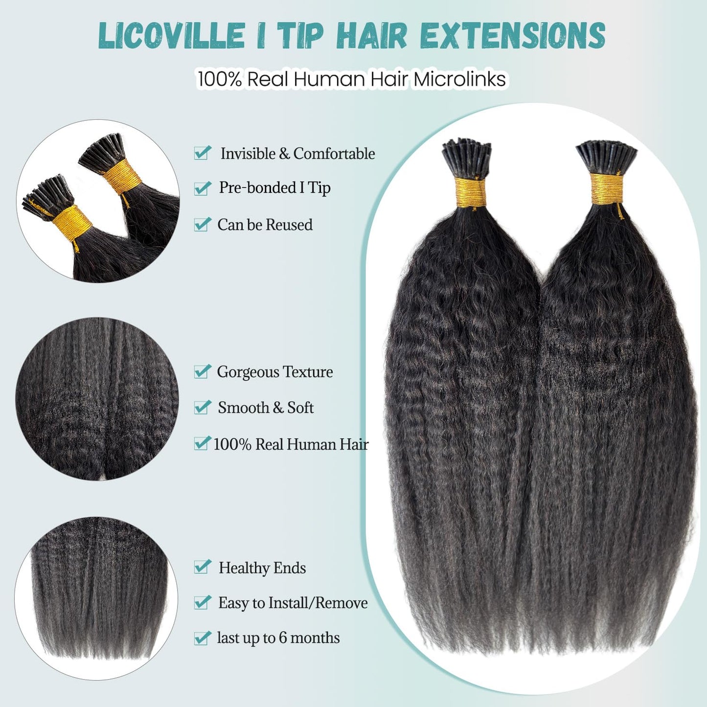 Licoville I Tip Hair Extensions Kinky Straight Microlink Extensions 18 Inch 50G Cold Fusion Keratin Tip Bundles Soft Natural Black Kinky Straight Real Human Hair I Tips for Black Women