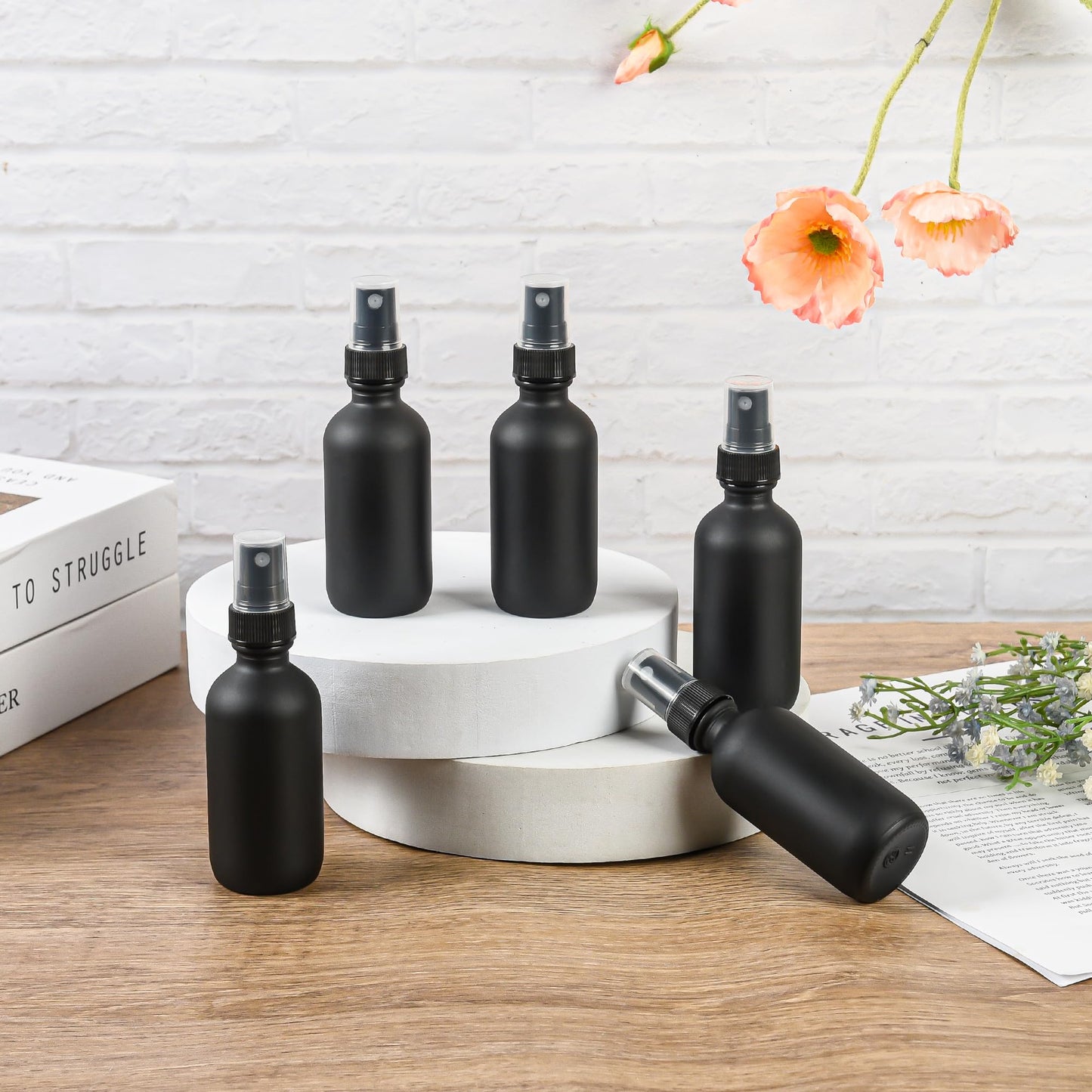 BILLIONSTARS 24 Pack 2oz Glass Boston Round Bottle with Fine Mist Sprayer - Black Frosted - Essential Oils, Bath, Beauty, Hair & Cleaning - Leakproof Travel Bottles