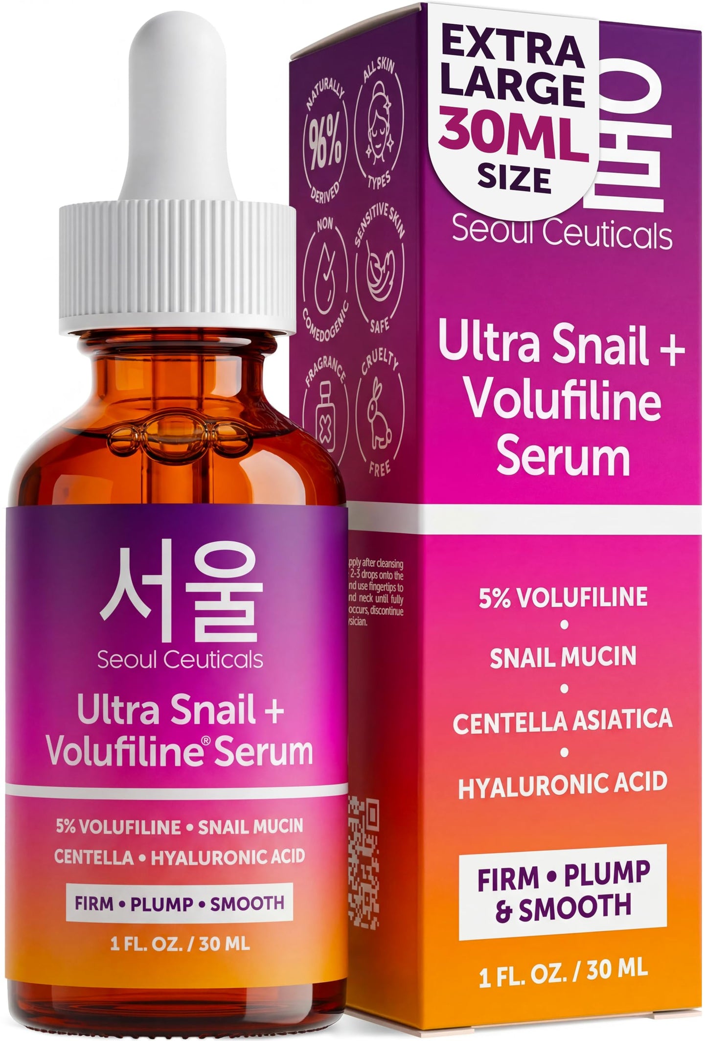 SeoulCeuticals Volufiline Serum + Snail Mucin - Extra Large 30ml 100% Sederma Volifiline Korean Skincare - Volufine Plumping Skin Care for Face 1oz