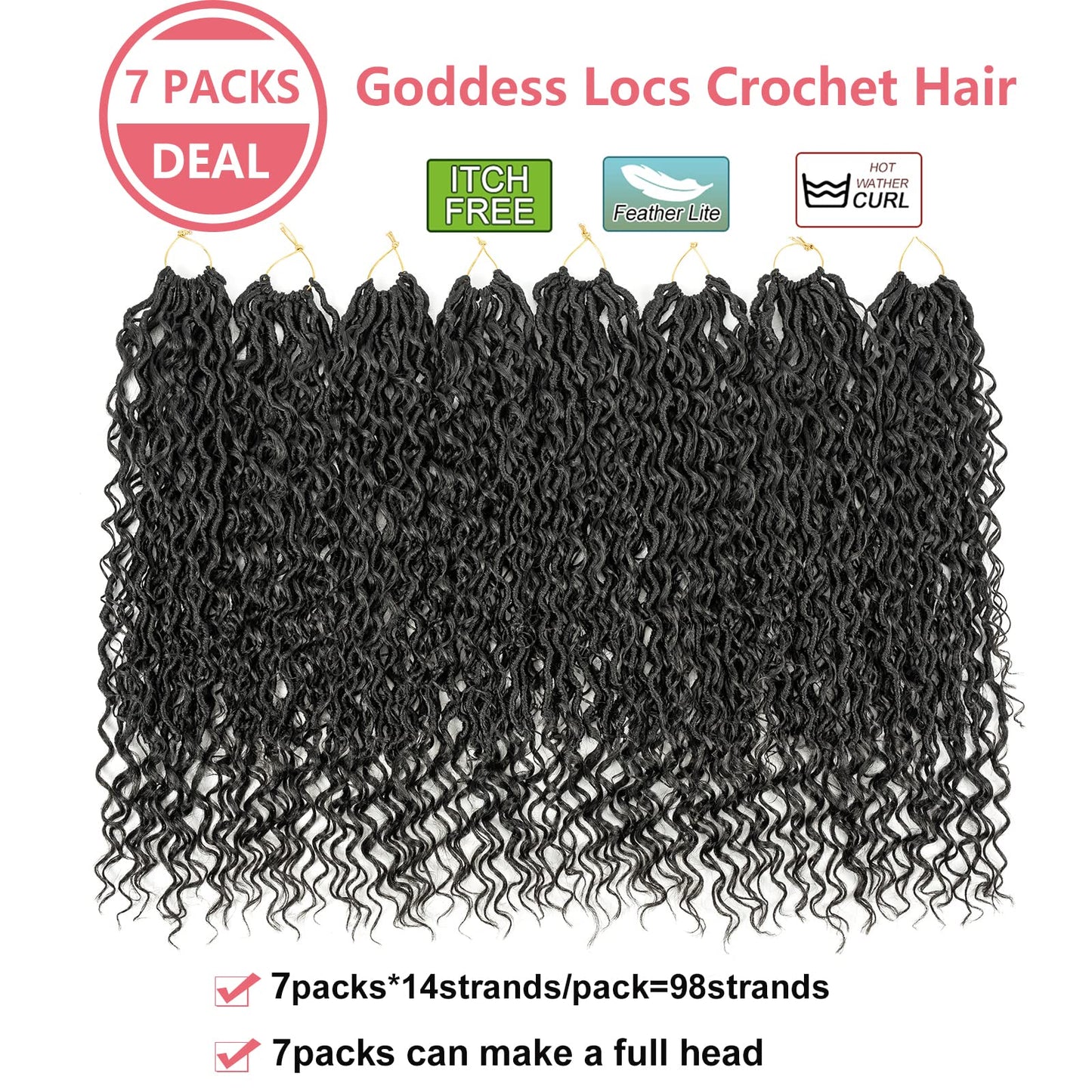 Ahrencan Boho Goddess Locs Crochet Hair 18 Inch, 7 Packs With Curly Ends, Soft Pre-Looped Hippie Locs for Women (18in, Pack of 7, 1B#)