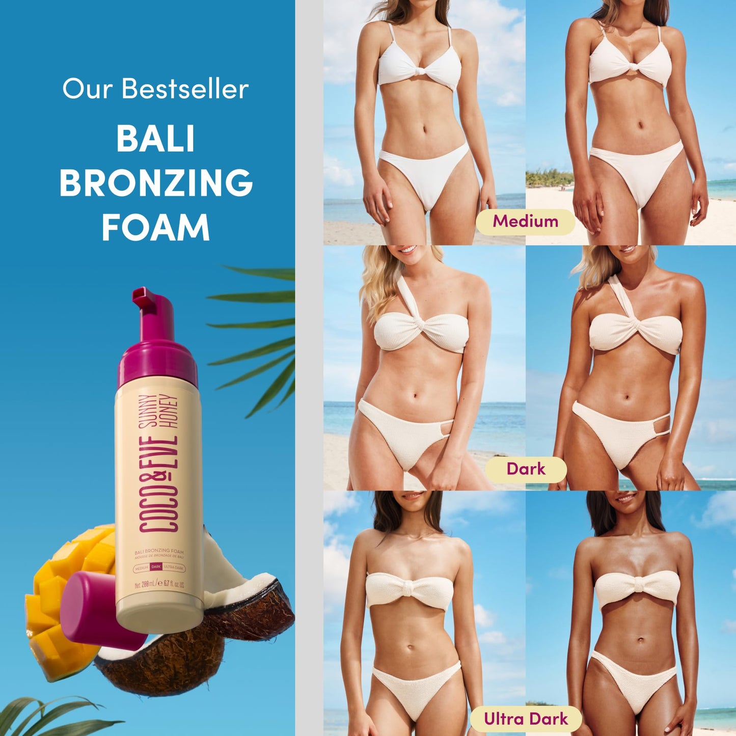 Coco & Eve Sunny Honey Self Tanner Foam - (Ultra Dark) Fast Drying, Streak-Free Sunless Tanning Mousse, Tropically Scented Lightweight Natural Looking Tan, Non-Sticky, Vegan, Cruelty Free | 6.7 Fl Oz