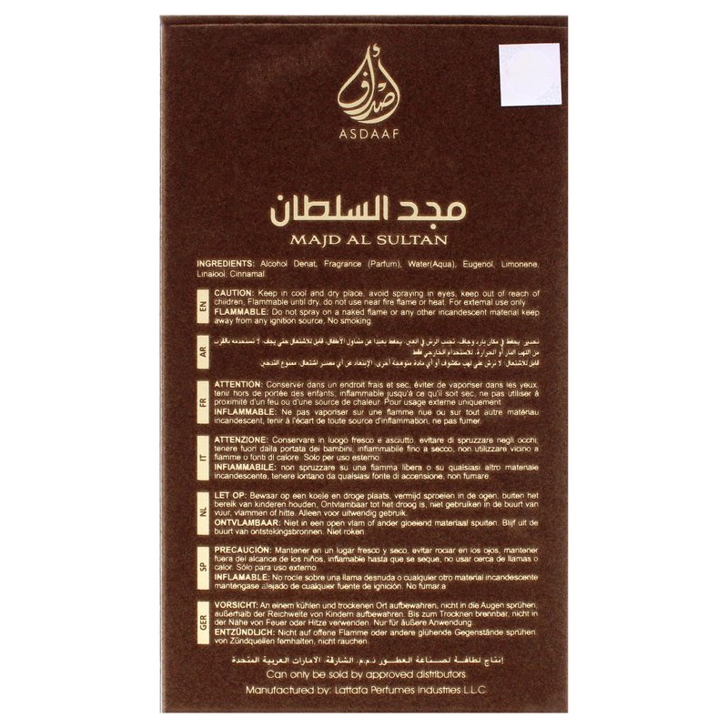 Asdaaf - Majd Al Sultan by Lattafa for Men - 3.4 oz EDP Spray