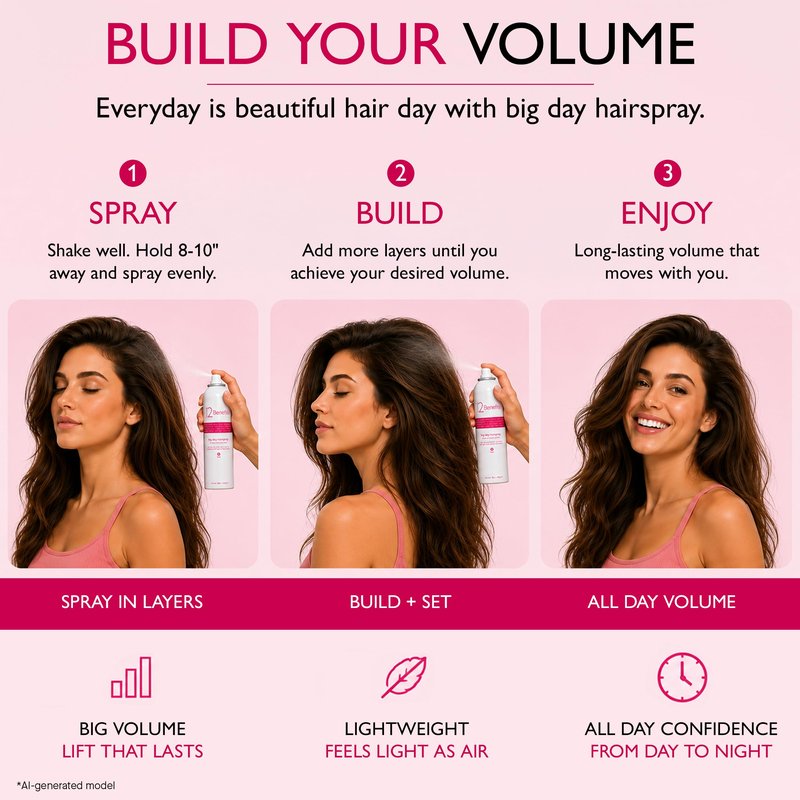 12 Benefits Flexible Hold Hairspray – Brushable, Buildable Volume Spray, Lightweight No Crunch Finish, Humidity Resistant Long Lasting Hair Spray for Natural Movement