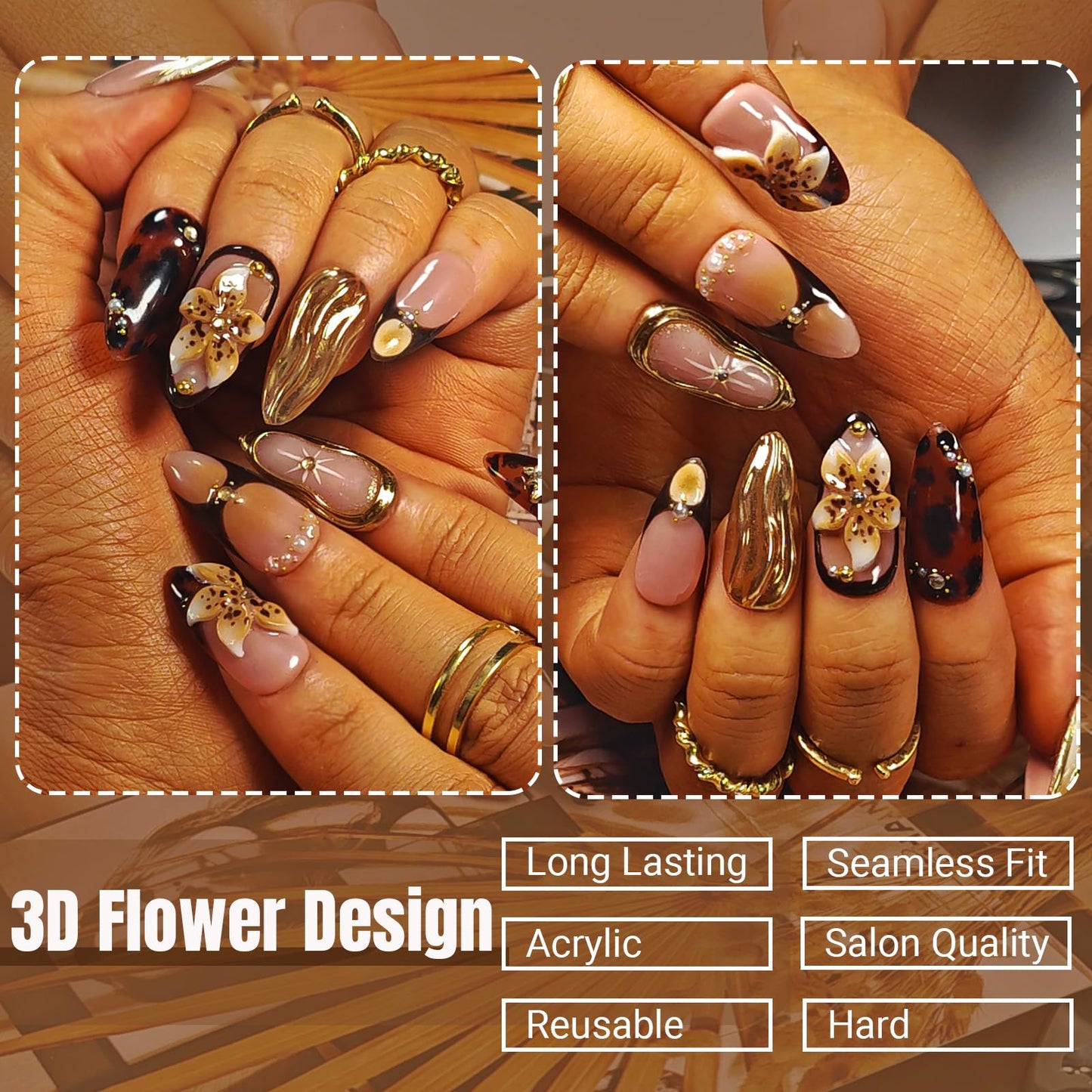 Handmade Acrylic Press On Nails Almond, Brown Press On Nails Medium, Flower 3D Nails French Tip Amber Gold Chrome For Women Gift, Reusable Stick On Fake Nails Kit With Nail Glue(Amber Bloom-S)