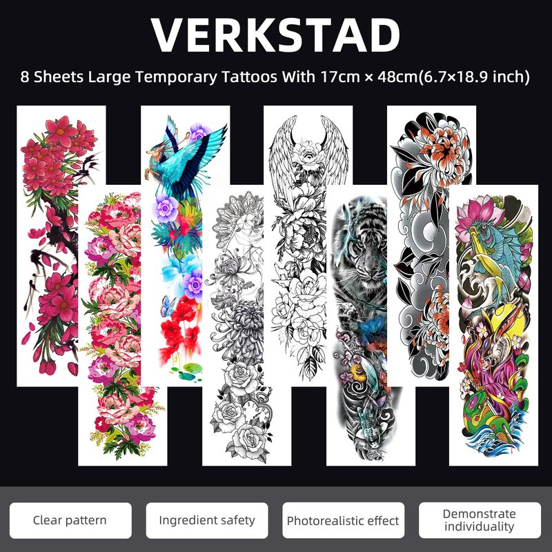 Christmas 8 Sheets Full Arm Temporary Tattoos for Adults, Waterproof Realistic Flower Bird Feather Fake Sleeve Tattoos For Women Men, Tiger Fish Tattoo Set Hand Body Art for Party Celebration Cosplay