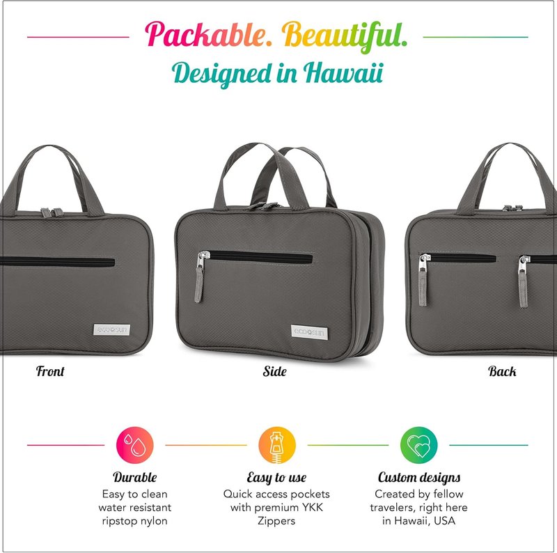 Eco Sun Hanging Travel Toiletry Bag - Water-Resistant Organizer for Bathroom Accessories | Grey