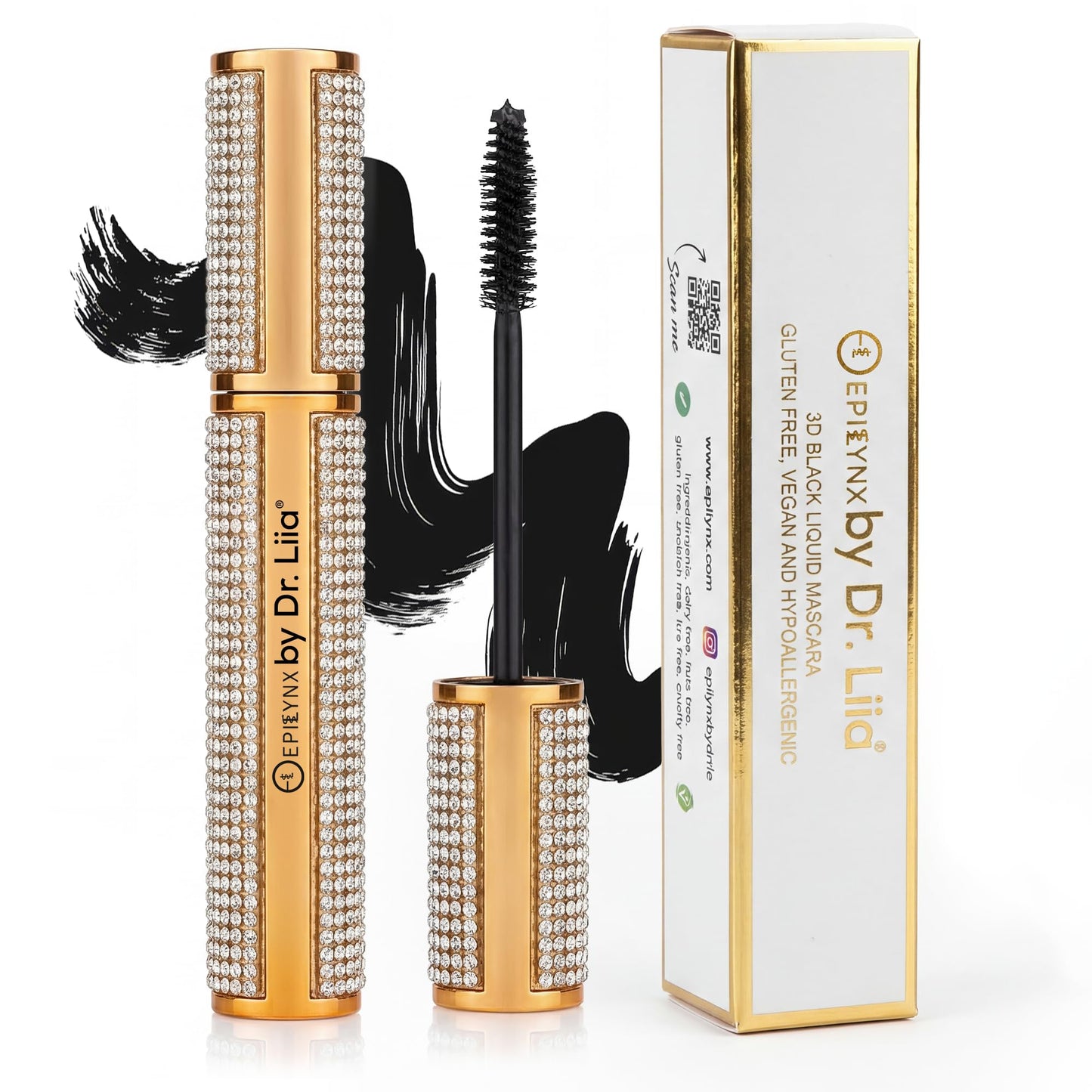 EpiLynx by Dr. Liia Volumizing Vegan Mascara – Lengthening Black Mascara for Bold, Defined Lashes, Smudge-Proof, Waterproof, Gluten-Free, Cruelty & Paraben-Free (Gold Diamond Case)