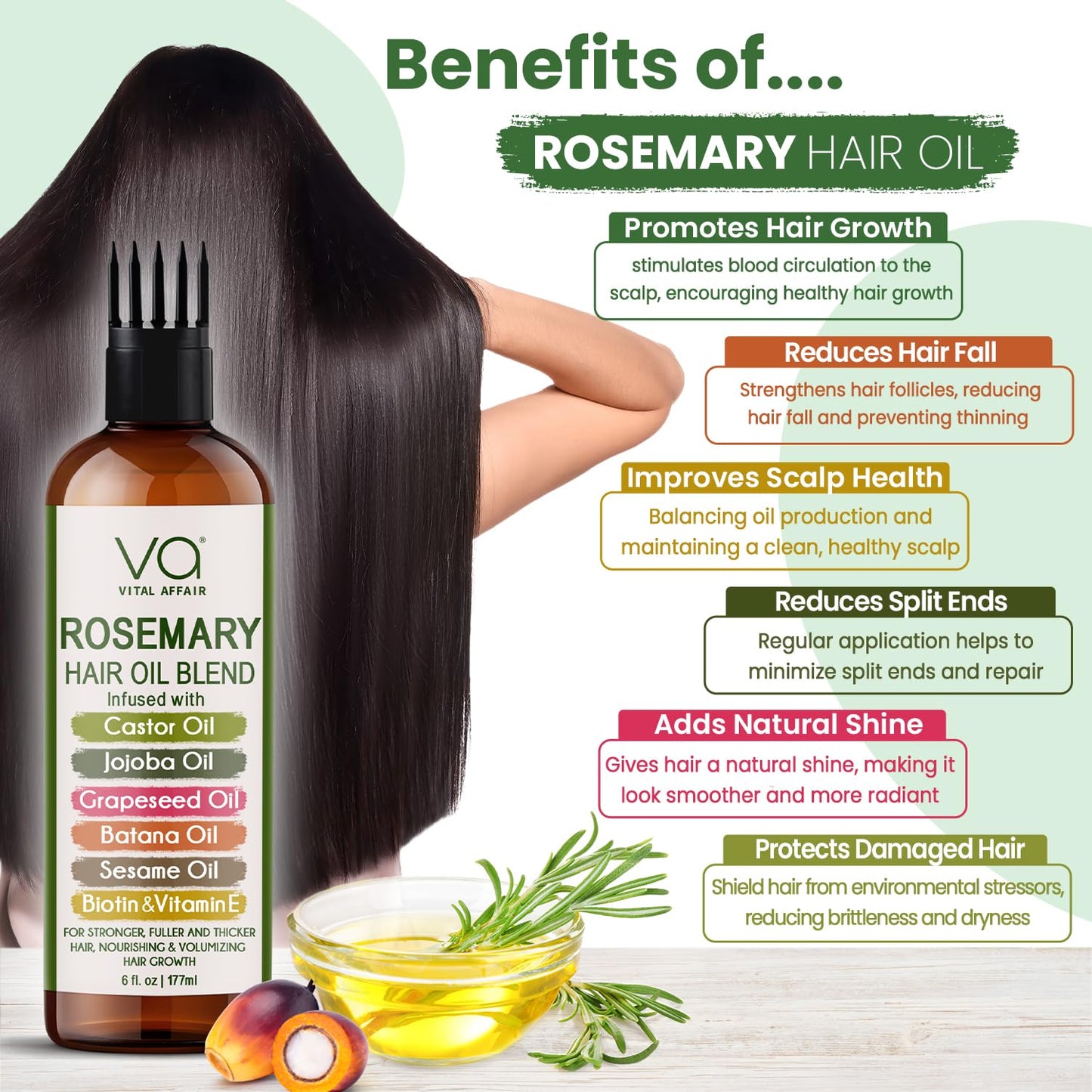 Blend Of Pure Rosemary Oil For Hair Growth With Castor, Batana, Jojoba Oil-Infused With Biotin & Vitamin E-Blend of Effective Hair Oils for Hair Growth-Strengthening Treatment-By Vital Affair-6 Fl Oz