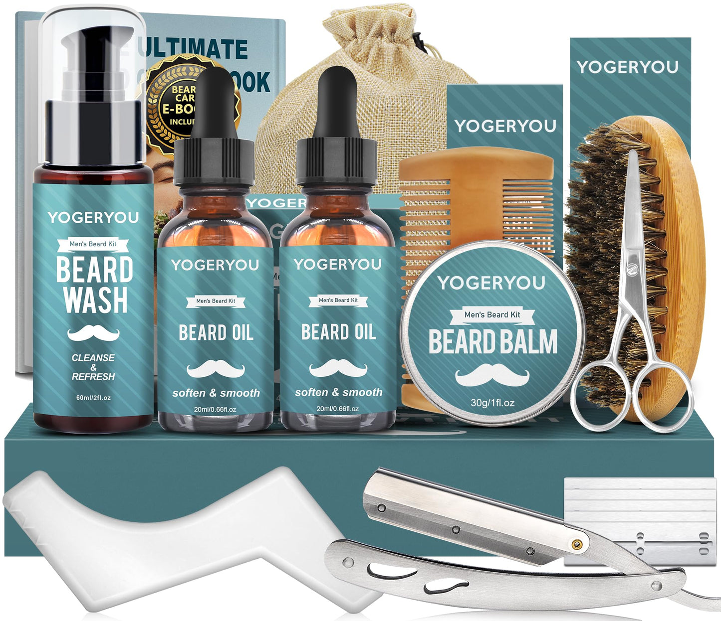 Beard Kit,10-1 Men Gift Set for Fathers Day Dad Gifts W/Straight Razor,Shaping Tool,2 PACK Beard Oil,Moisturize & Soften Mustache,Complete Self Care Beard Trimming Shaving Kit Gift for Husband Him