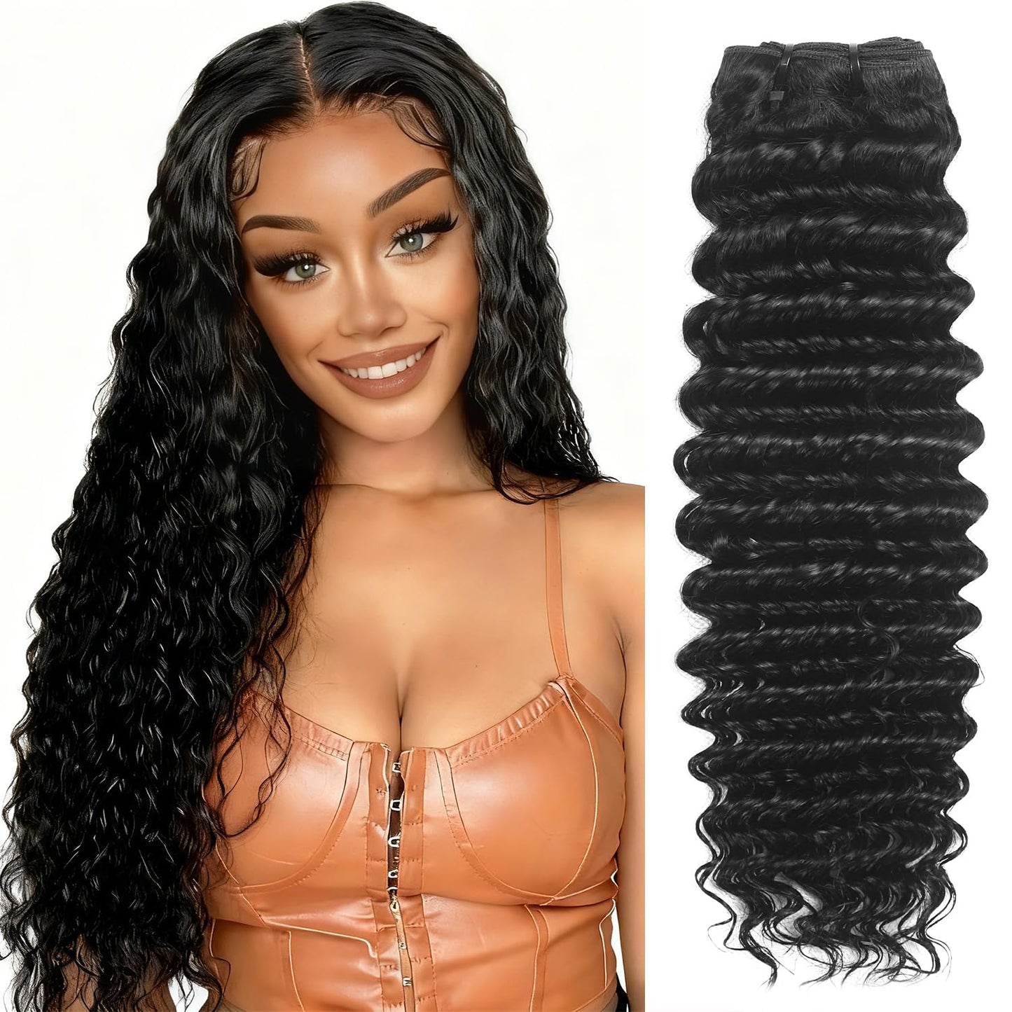 inlovwith Deep Wave Human Hair Bundles, Curly Bundles by 100% Unprocessed Indian Virgin Hair, Keep Texture Wet and Wavy After Multiple Washes(Single Bundle, 18 Inches)