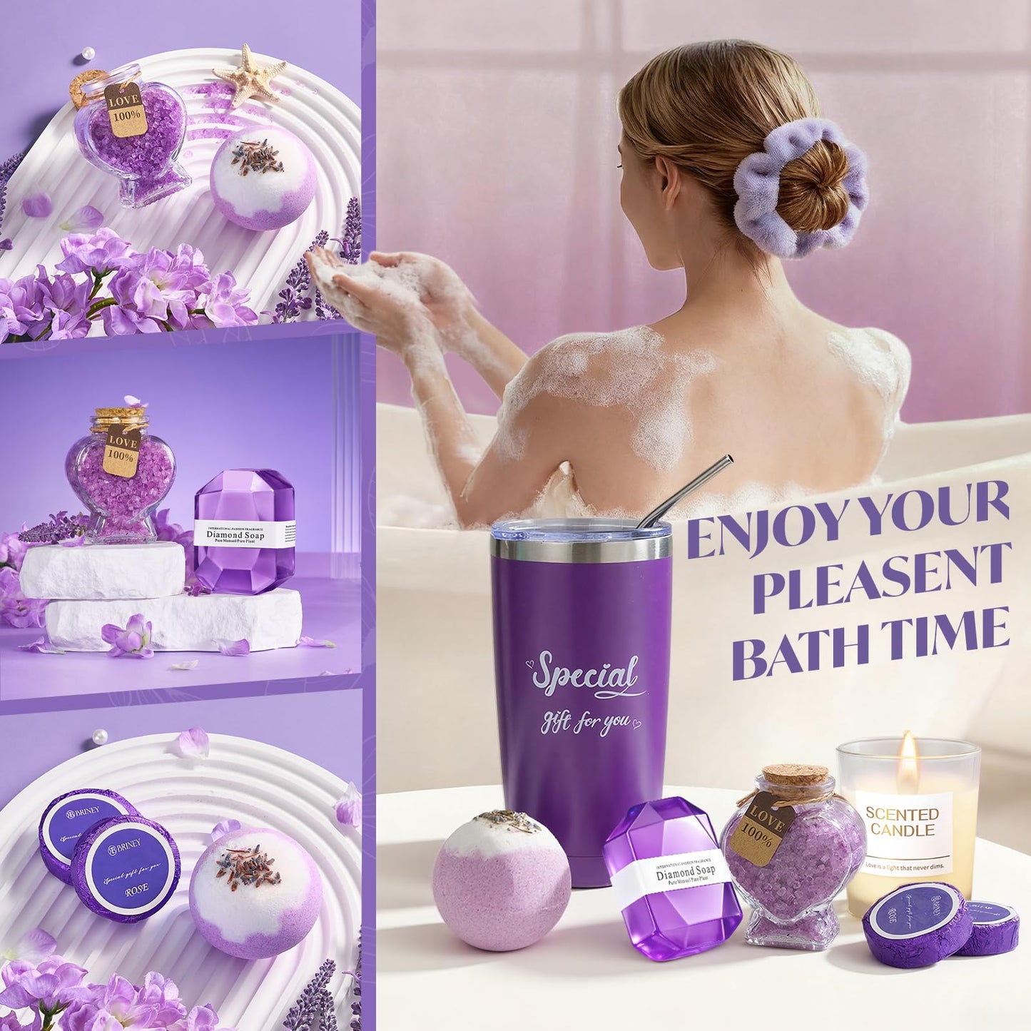 Briney Gift Baskets for Women, Mothers Day Gifts for Friends, Purple Birthday Valentines Women Day Easter Gifts Lavender Care Package Spa Basket for Girlfriend Wife Mom Sister