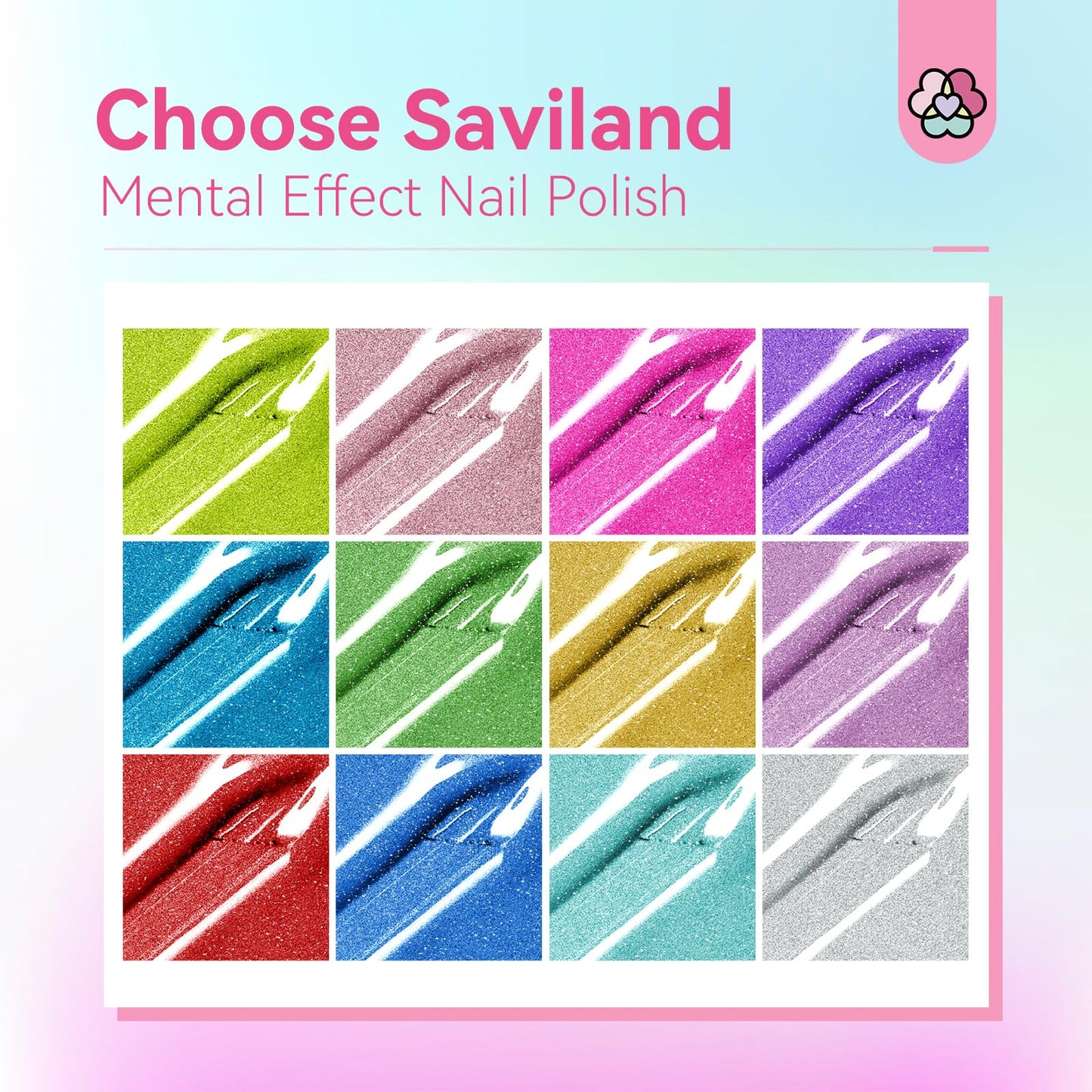 SAVILAND Metallic Nail Polish with Base and Top Coat: Chrome Nail Polish Set 12+2 Colors Mirror Glitter Holographic Silver Pink Quick-Dry Nail Polish for Fingernail French Manicure Art DIY Gift
