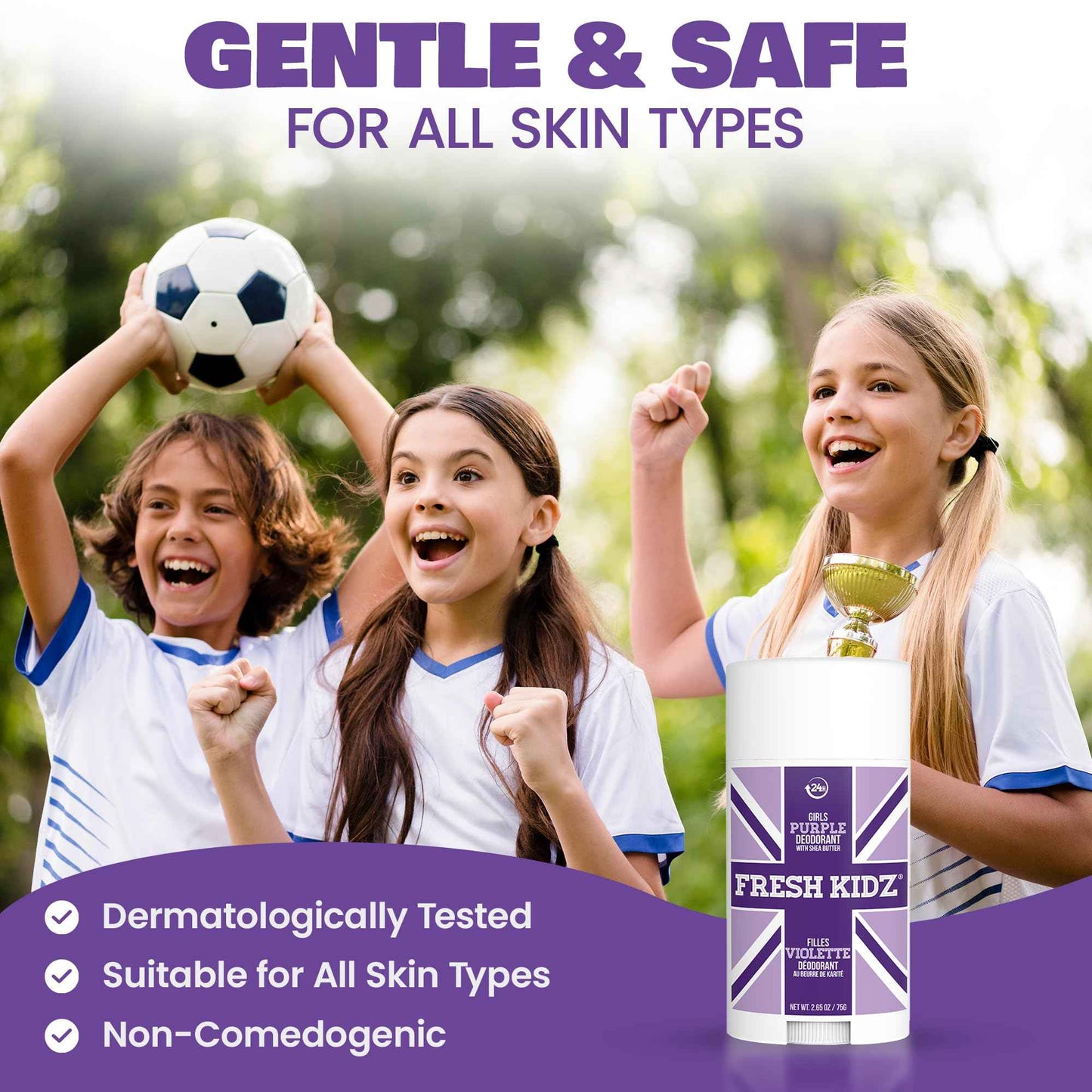 Fresh Kidz Deodorant Stick for Kids and Teens - Baking Soda and Aluminum-free 24 Hour Protection for Sensitive Skin - Girls "Purple", 2.65 oz / 75 g (2 Pack)